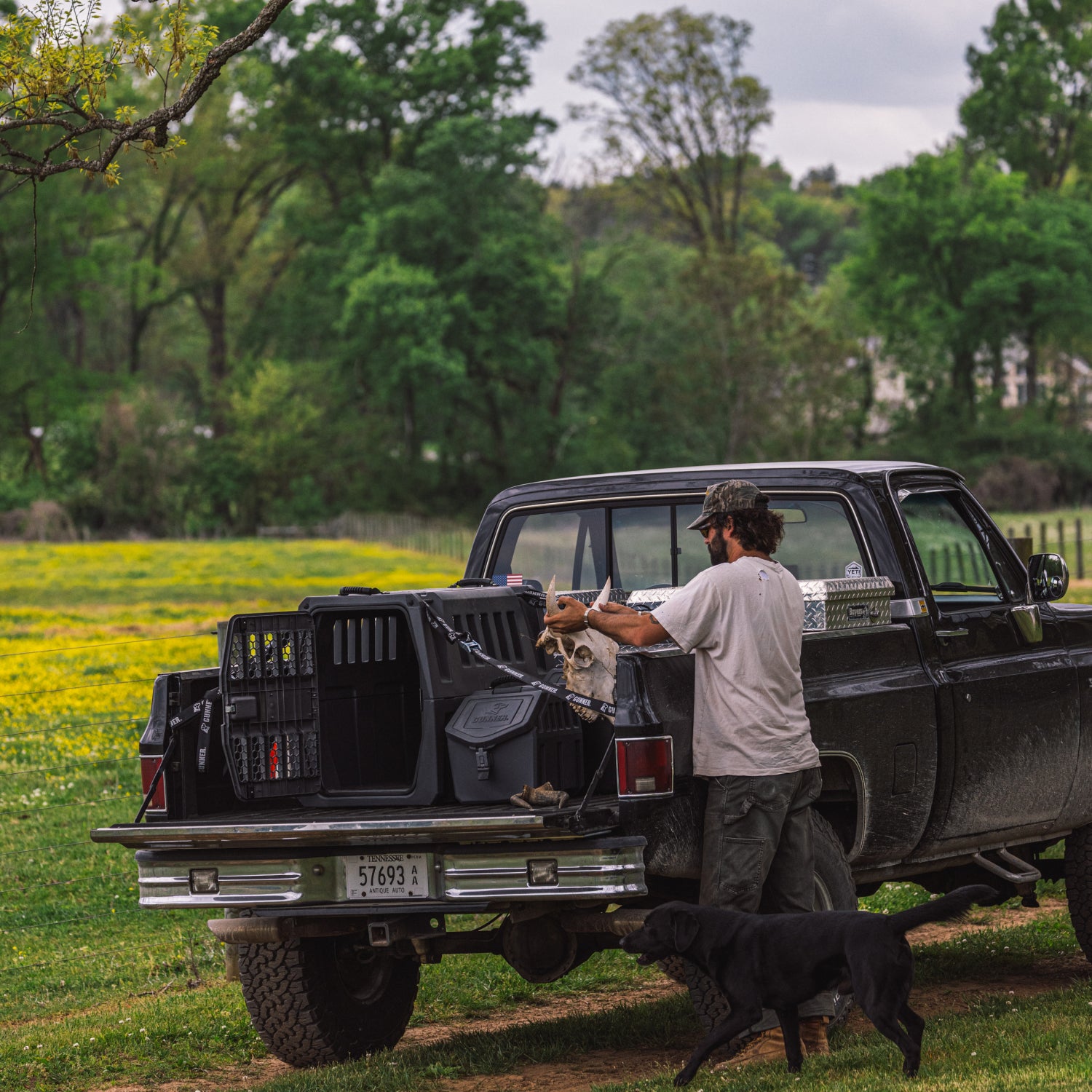 A man stands by a black pickup in a grassy field, reaching toward his dog in the GUNNER G1™ KENNEL - FLINT, secured in the truck bed. A black dog is nearby as trees and yellow wildflowers fill the background.