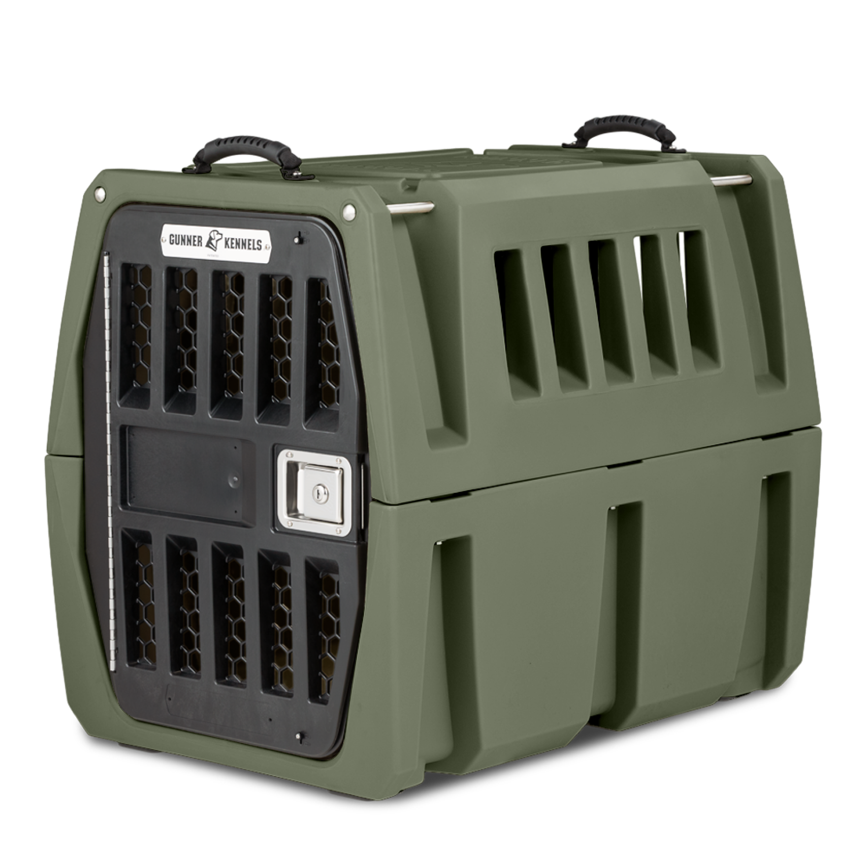 The GUNNER G1™ KENNEL in Gunner Green features a hard-sided, double-walled design, black vented door, secure metal latch, top handles, and honeycomb-patterned metal vents—one of the safest dog crates, proudly made in America.