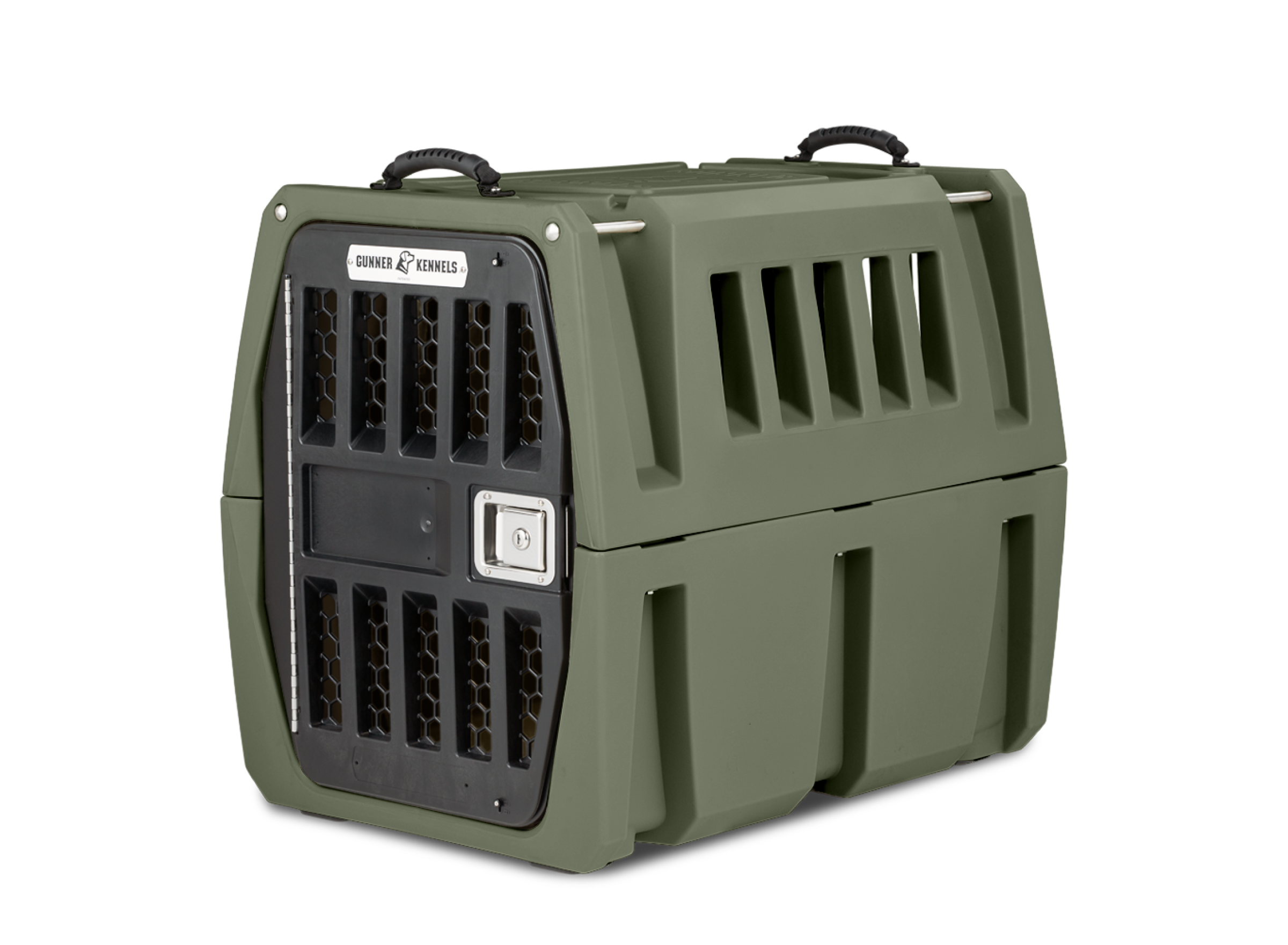 The GUNNER G1™ Kennel in Gunner Green features double walls, ventilation slats, a metal locking front door, and two top carrying handles. This sturdy crate is designed for safe pet transport and is among the safest dog crates available.