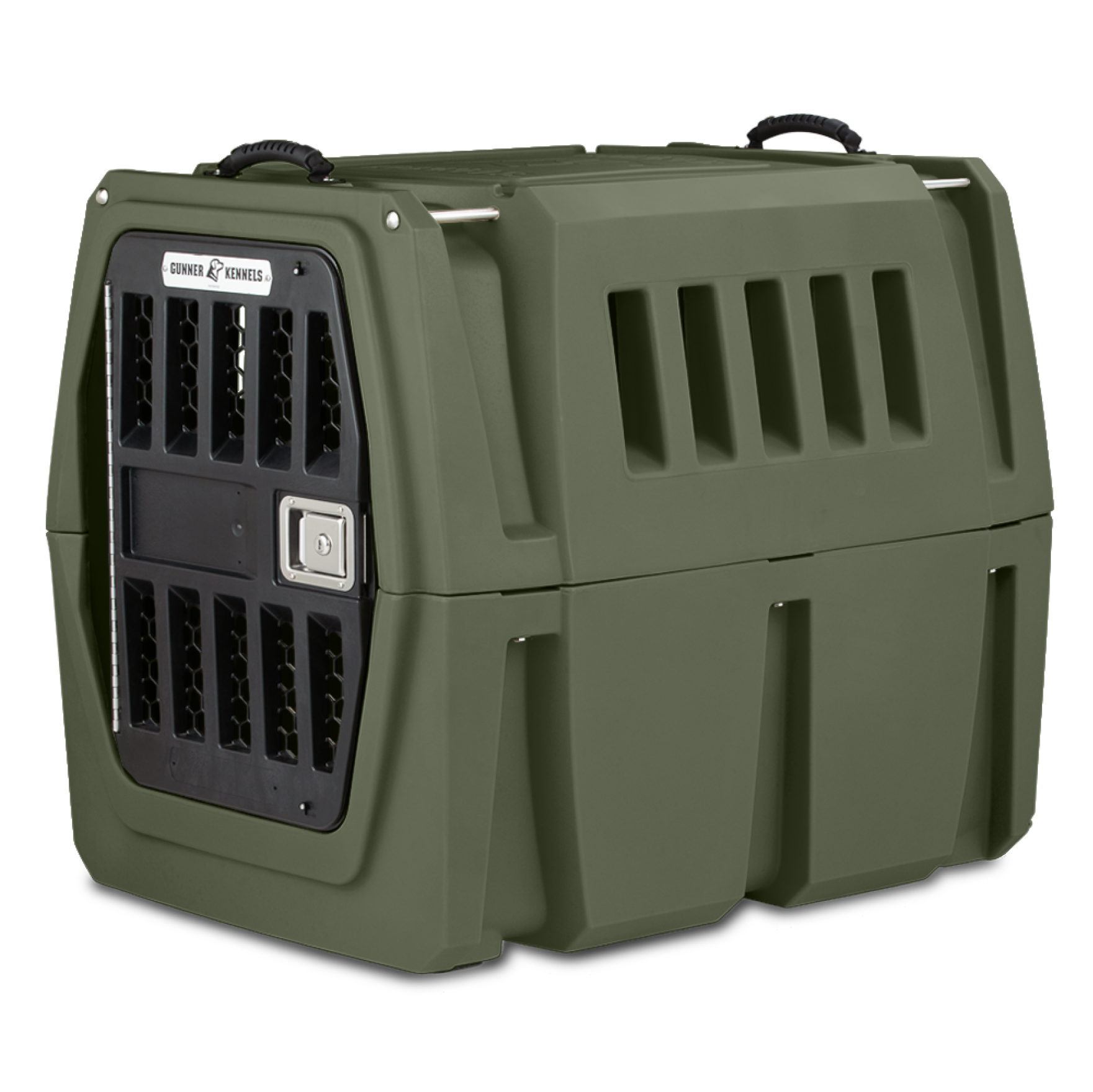 The GUNNER G1™ KENNEL in Gunner Green features double-walled, hard-sided construction, ventilation slits, a sturdy metal door, and top handles—made in America for safe pet transport.