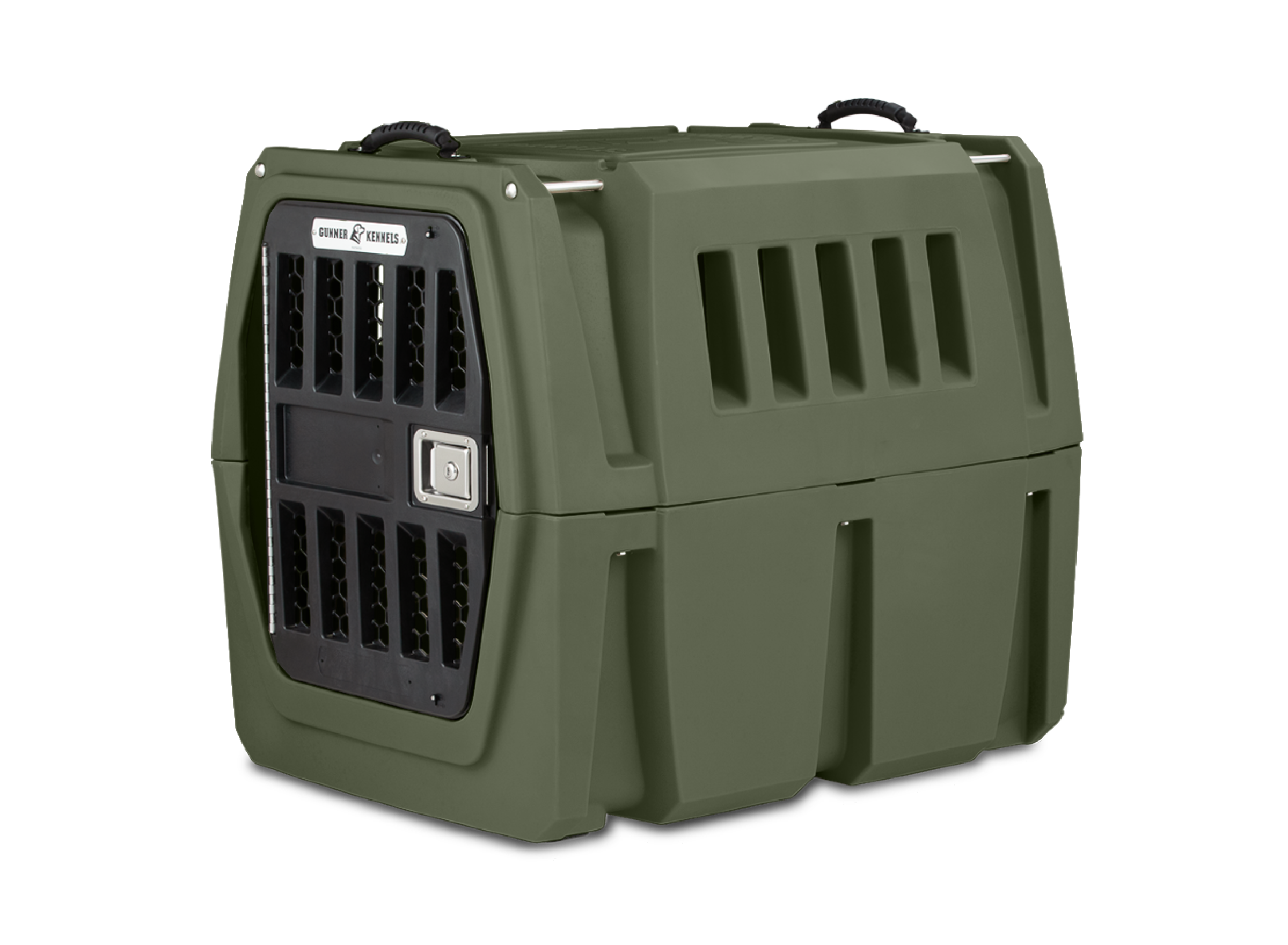 The GUNNER G1™ KENNEL in Gunner Green is a sturdy, double-walled dog crate with ventilation slats, a secure metal door, and top carrying handles—designed for the safest animal transport.