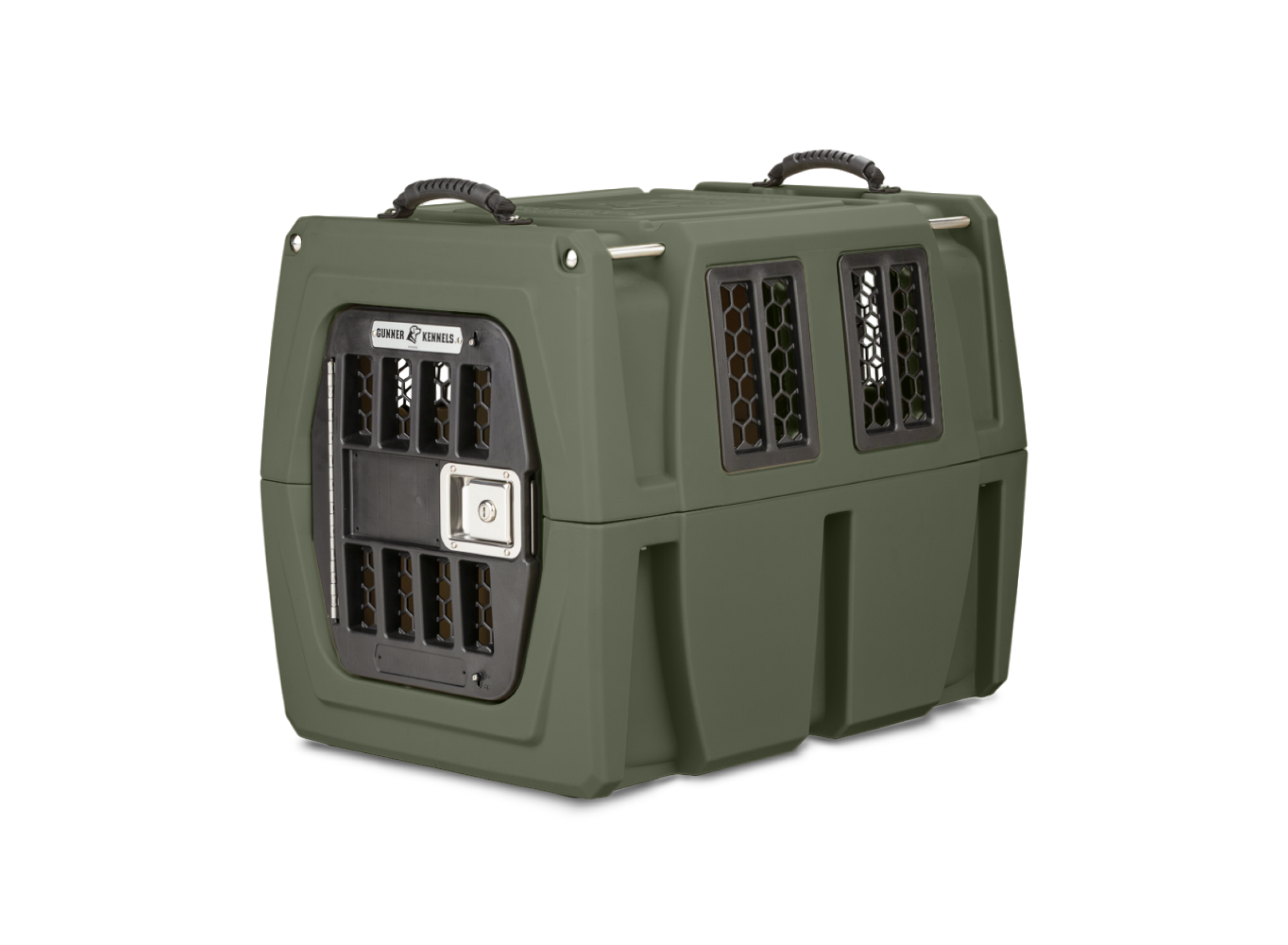 The GUNNER G1™ KENNEL in Gunner Green features double-wall construction, black metal vents, a silver latch, and two black handles—one of the safest American-made dog crates.