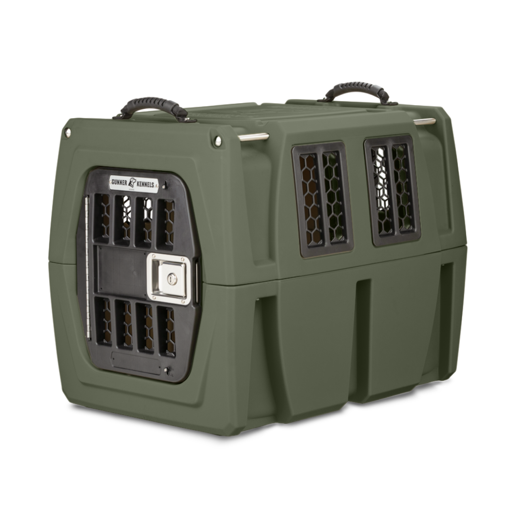 The GUNNER G1™ KENNEL in Gunner Green is a double-walled, American-made pet crate with black metal ventilation grilles, secure locking door, and top handles for easy carrying—designed for safe animal transport.