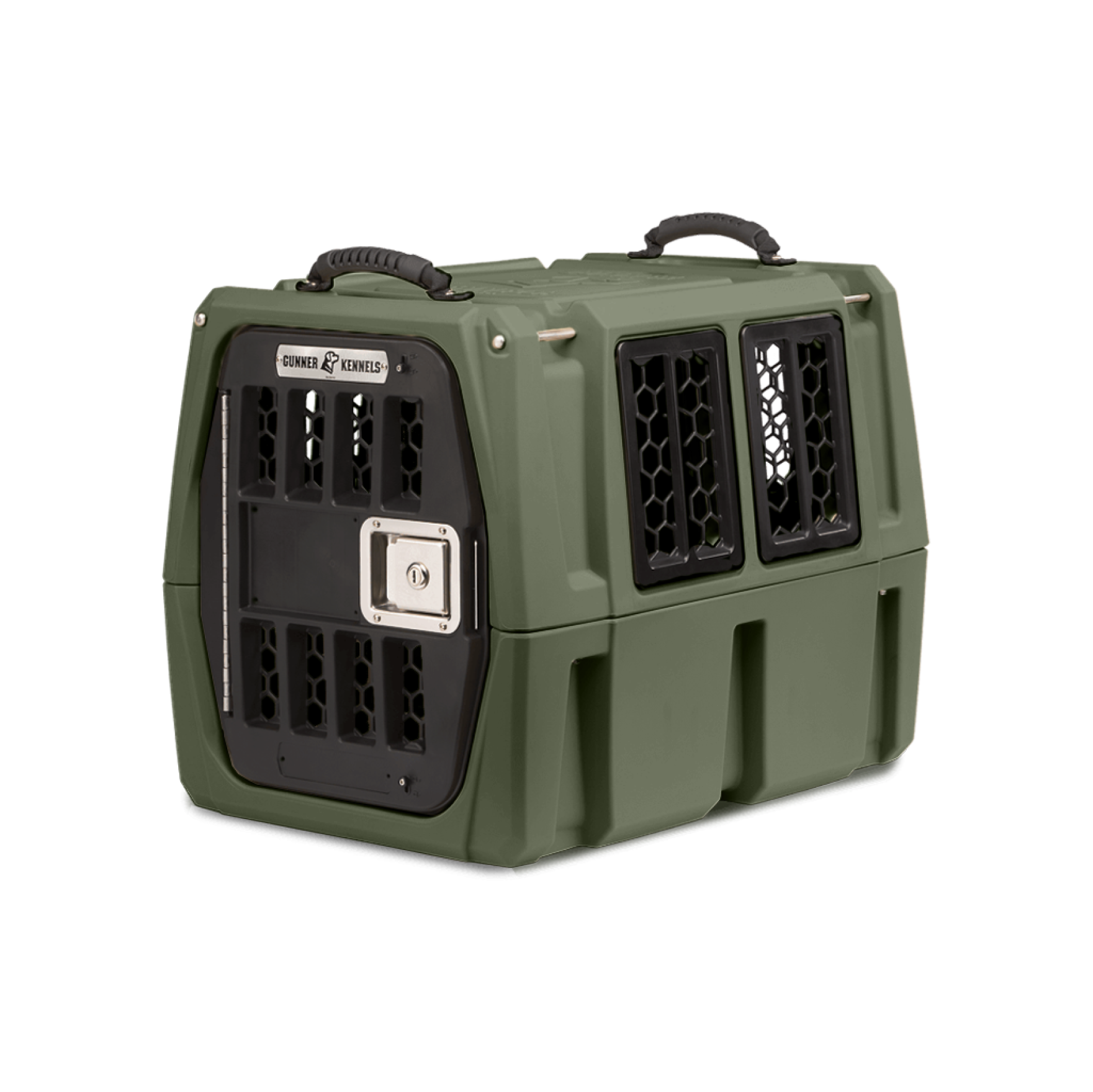The GUNNER G1™ KENNEL in Gunner Green is a durable, American-made double-walled dog crate with black ventilation panels, a secure metal door, and top handles—one of the safest options for your pet.