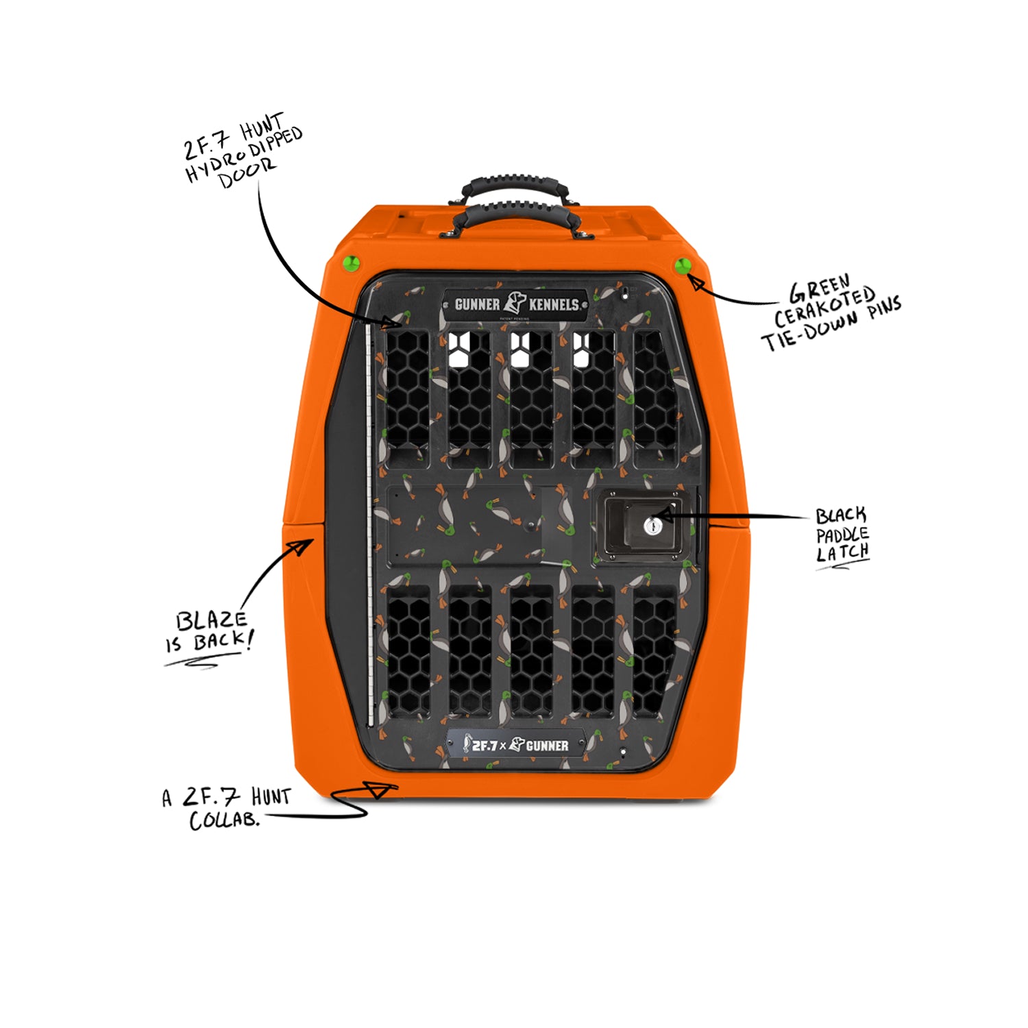 The GUNNER G1™ KENNEL - 2F.7 ORANGE CRUSH features a blaze orange, double-walled build, black metal door, green tie-down pins, and handwritten labels on safety and collaboration. Proudly made in America for top quality.