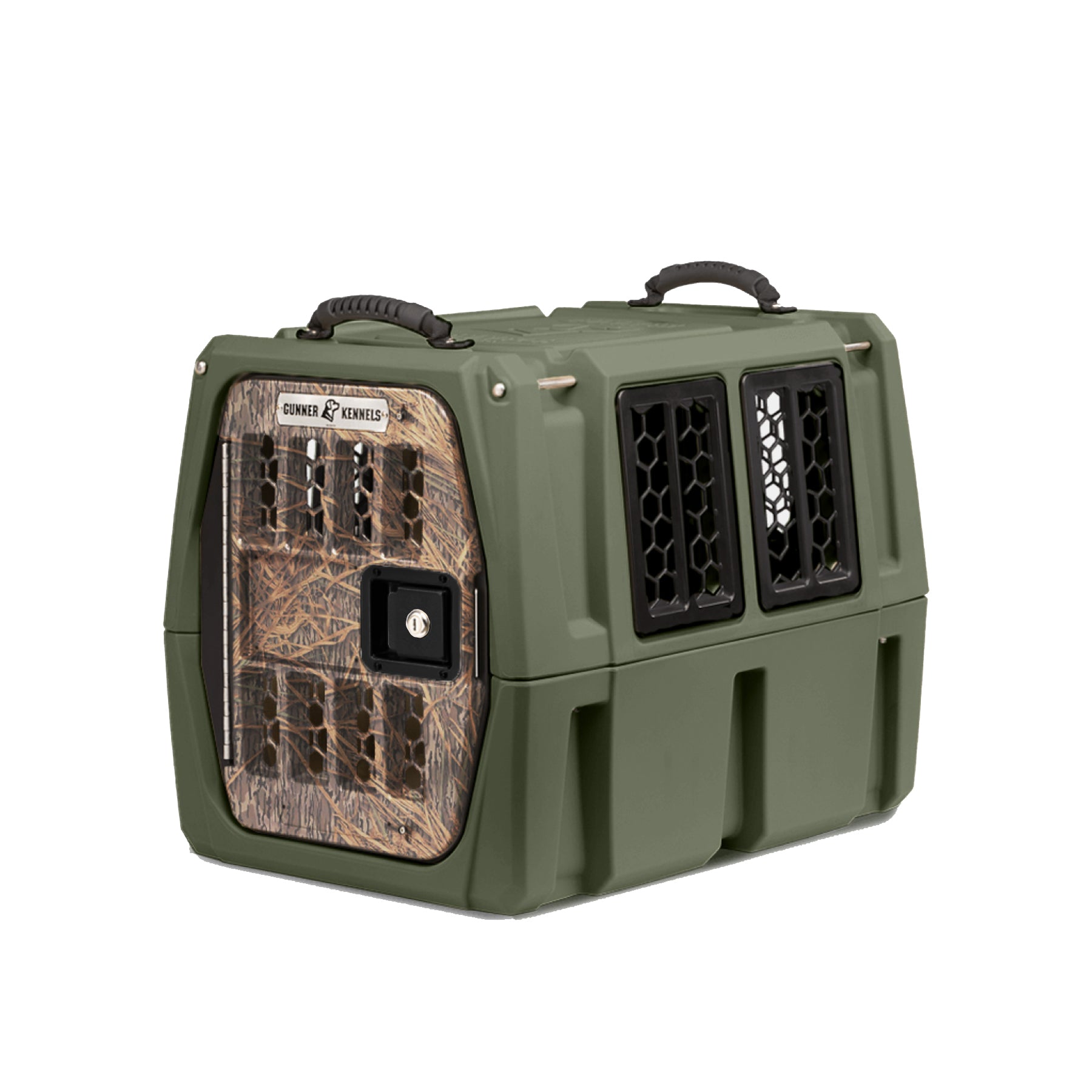 The GUNNER G1™ Kennel in Gunner Green/Mossy Oak Shadow Grass is a durable, double-walled American-made kennel with a patterned front door, black top handles, side ventilation windows, and “GUNNER” branding on the front.