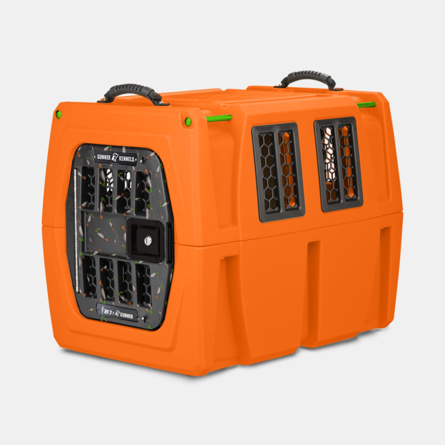 The GUNNER G1™ KENNEL - 2F.7 ORANGE CRUSH is a double-walled, bright orange crate with black ventilation grates and top carrying handles, engineered for safe pet transport and added shock protection—one of the safest dog crates available.