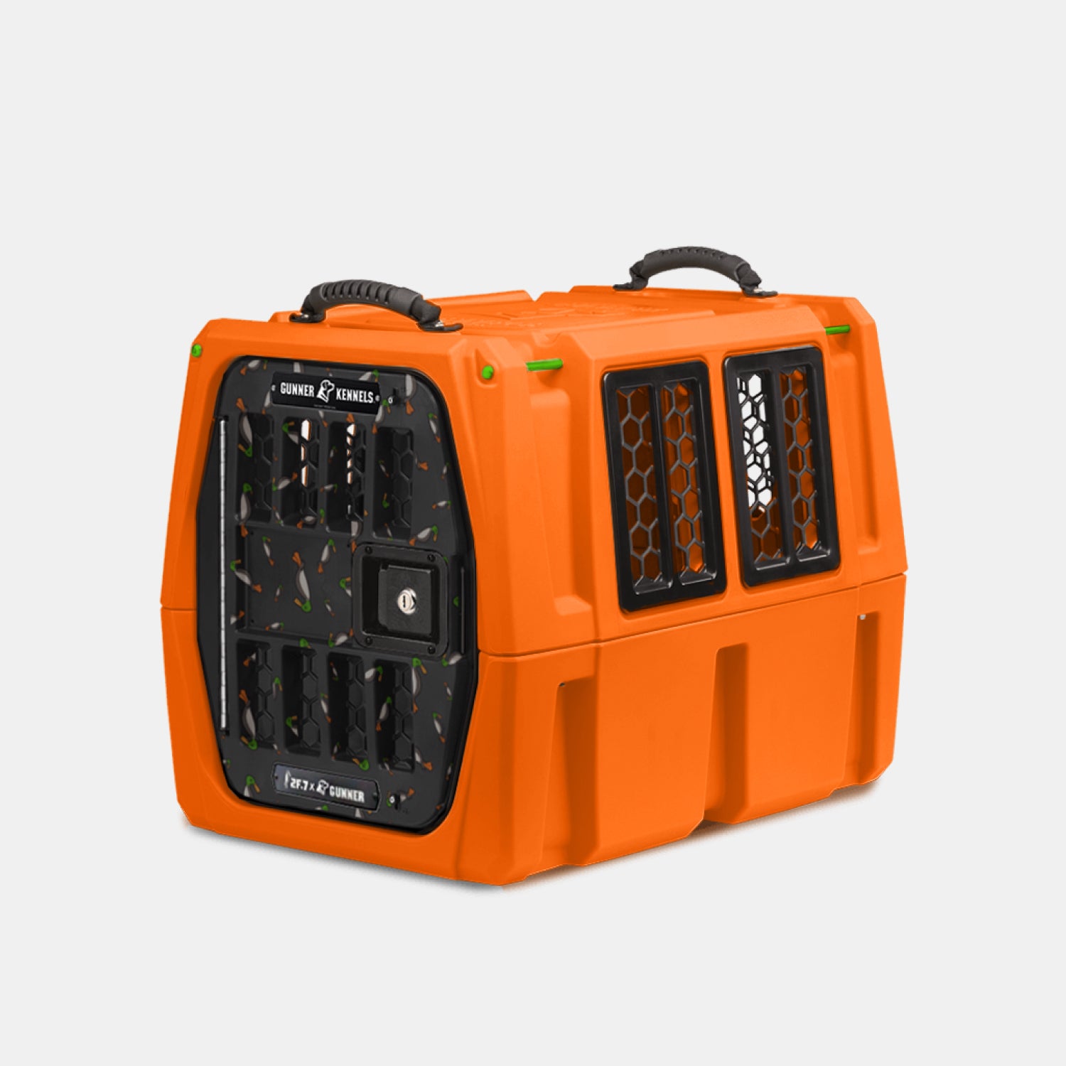 The GUNNER G1™ KENNEL - 2F.7 ORANGE CRUSH is a double-walled, bright orange crate with black mesh doors, ventilation windows, and top handles—engineered for secure pet transport and superior shock protection.