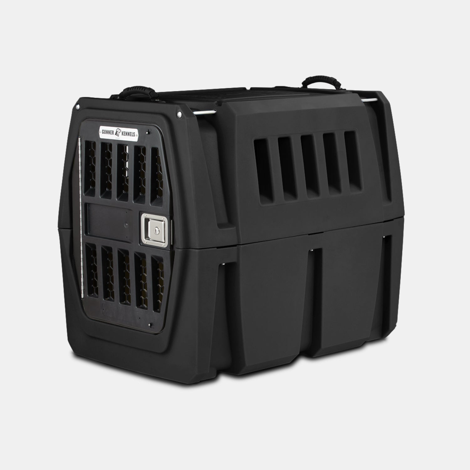 The GUNNER G1™ KENNEL - BLACK is a durable dog crate with side ventilation slats and a secure front metal door, ensuring your pets safety and comfort during travel.