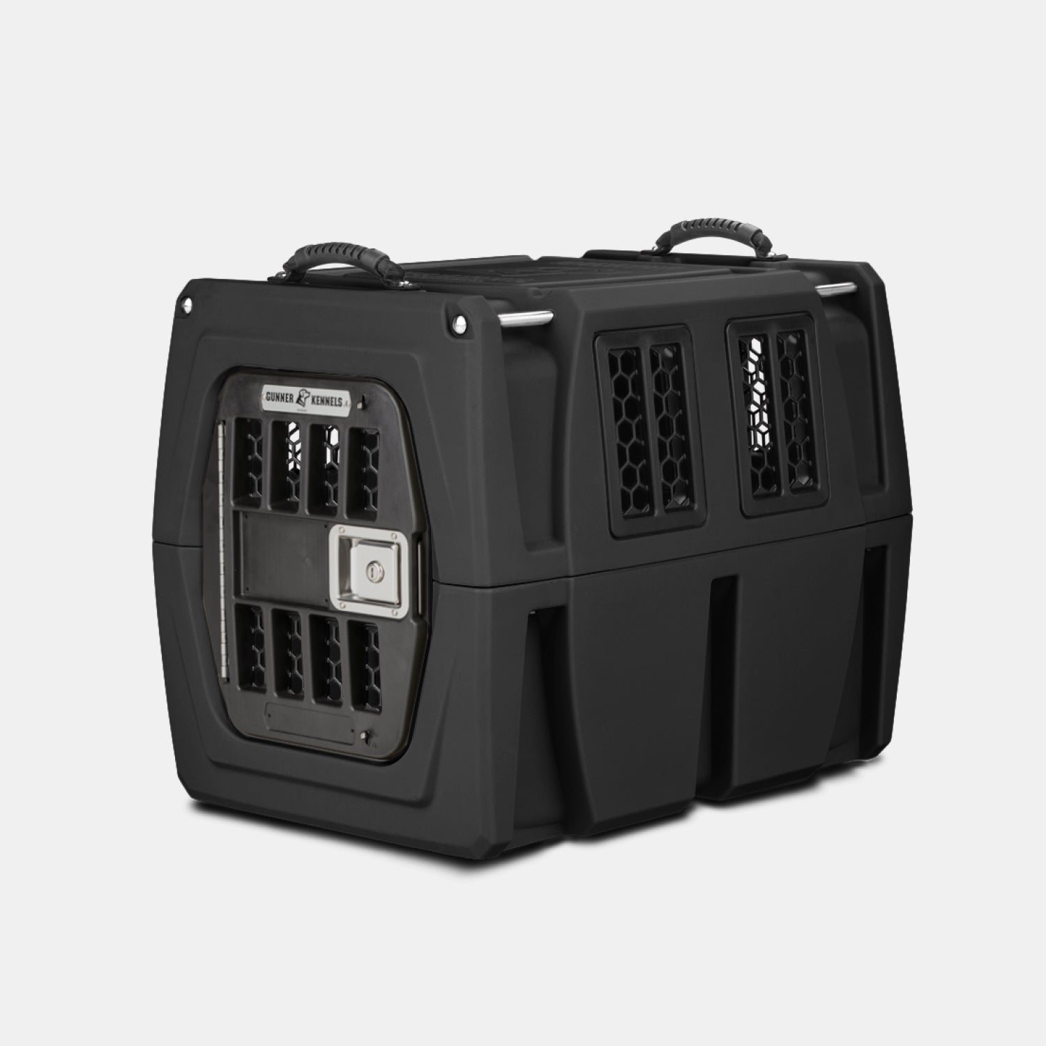 The GUNNER G1™ KENNEL - BLACK is a durable dog crate with side and front ventilation, a secure metal door with latch, and dual top carry handles—designed for safe, reliable pet transport.