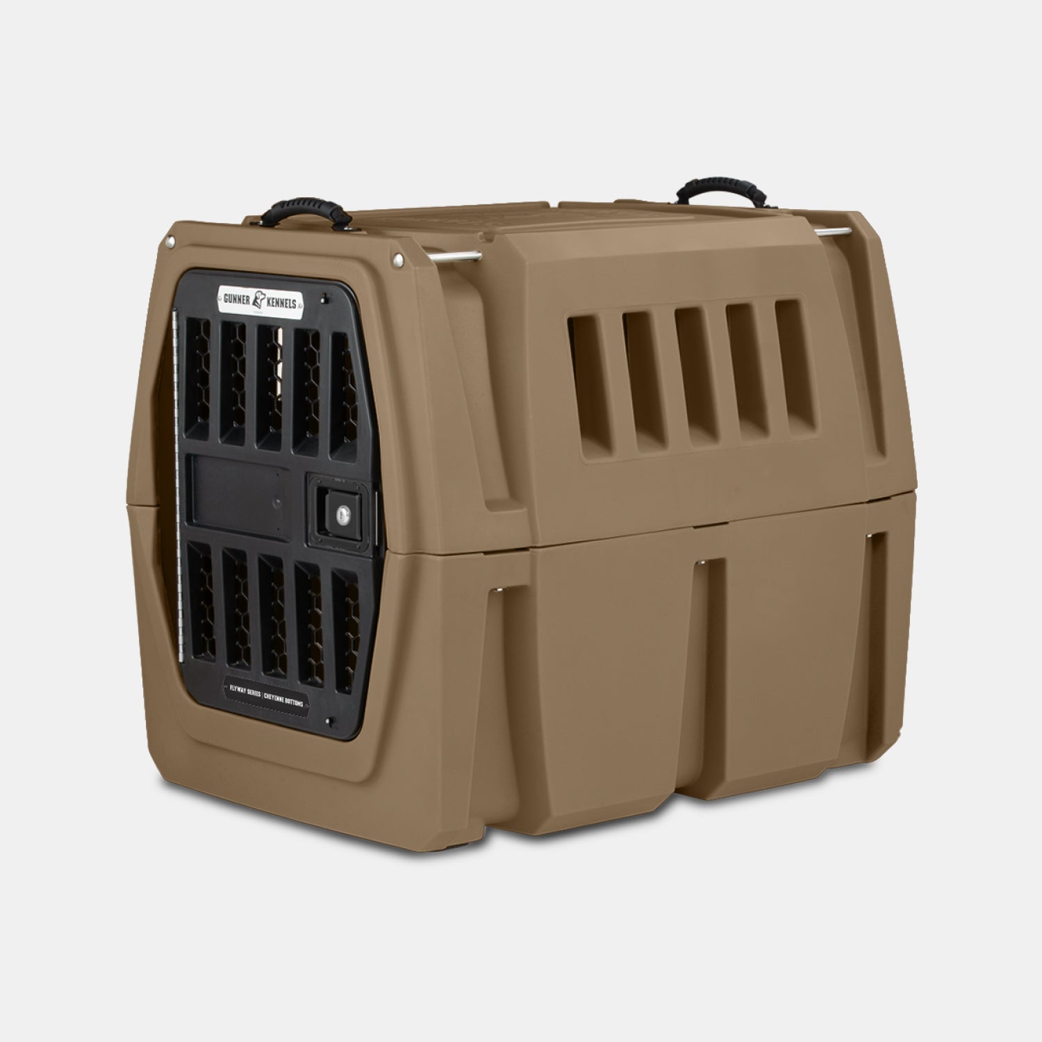 A tan plastic pet carrier with black ventilation grates and handles, shown on a light gray background.