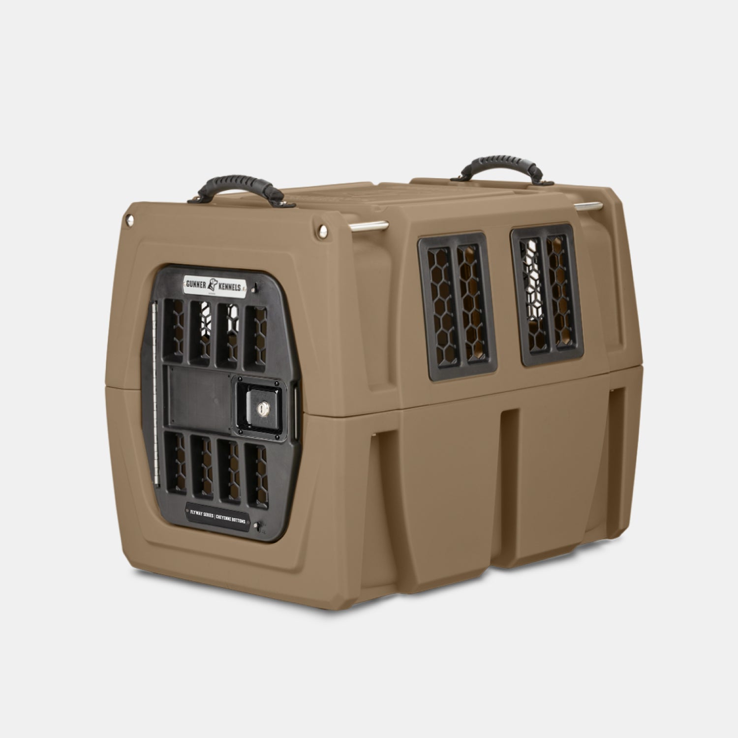 A tan and black ROKA pet carrier crate shown from a three-quarter angle on a light gray background.