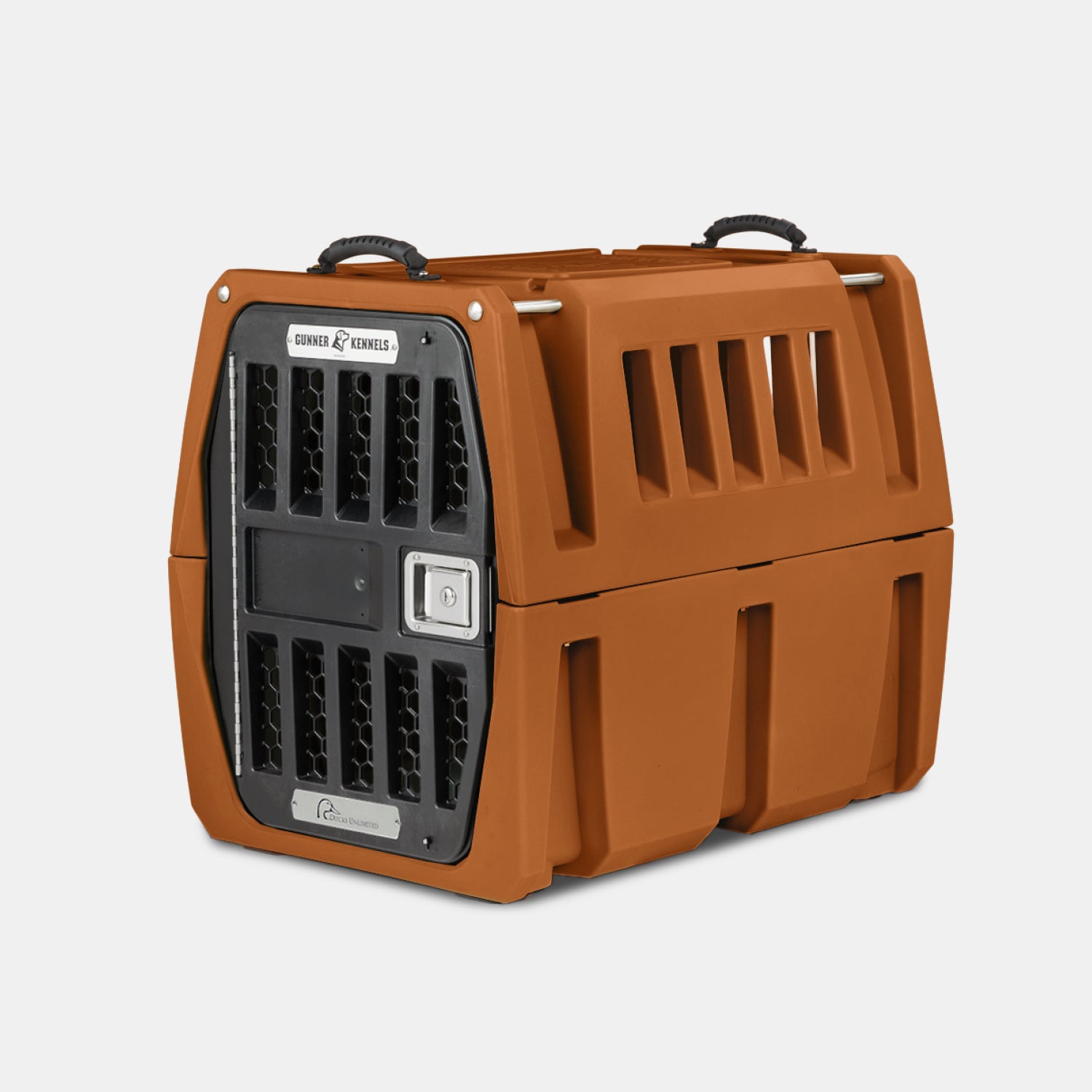 The GUNNER G1™ KENNEL - Ducks Unlimited Orange is a durable kennel with ventilation slots, a secure metal door, and top handles, ideal for safely transporting animals to waterfowl habitats or Ducks Unlimited events.