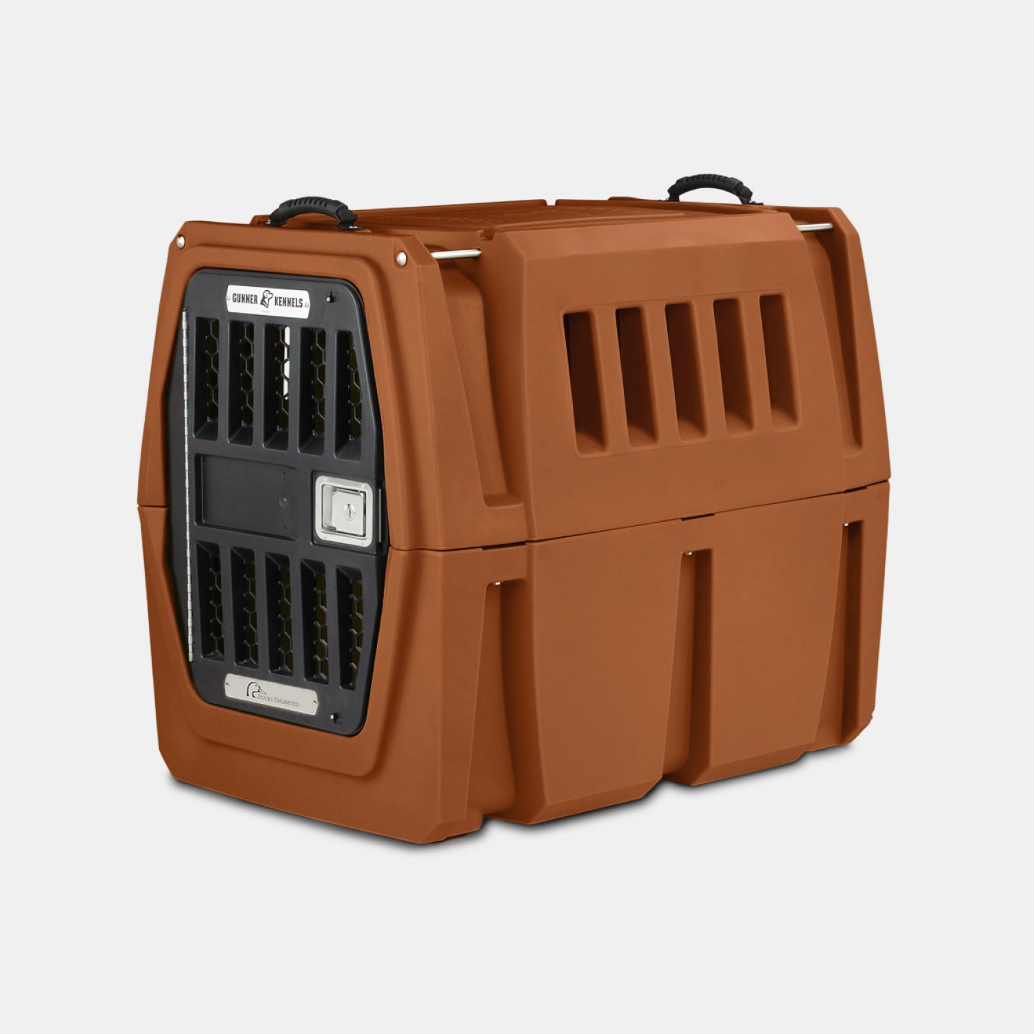 The GUNNER G1™ KENNEL - Ducks Unlimited Orange features vented sides, a secure metal door, and black carrying handles—perfect for safely transporting pets to waterfowl habitats or Ducks Unlimited events.