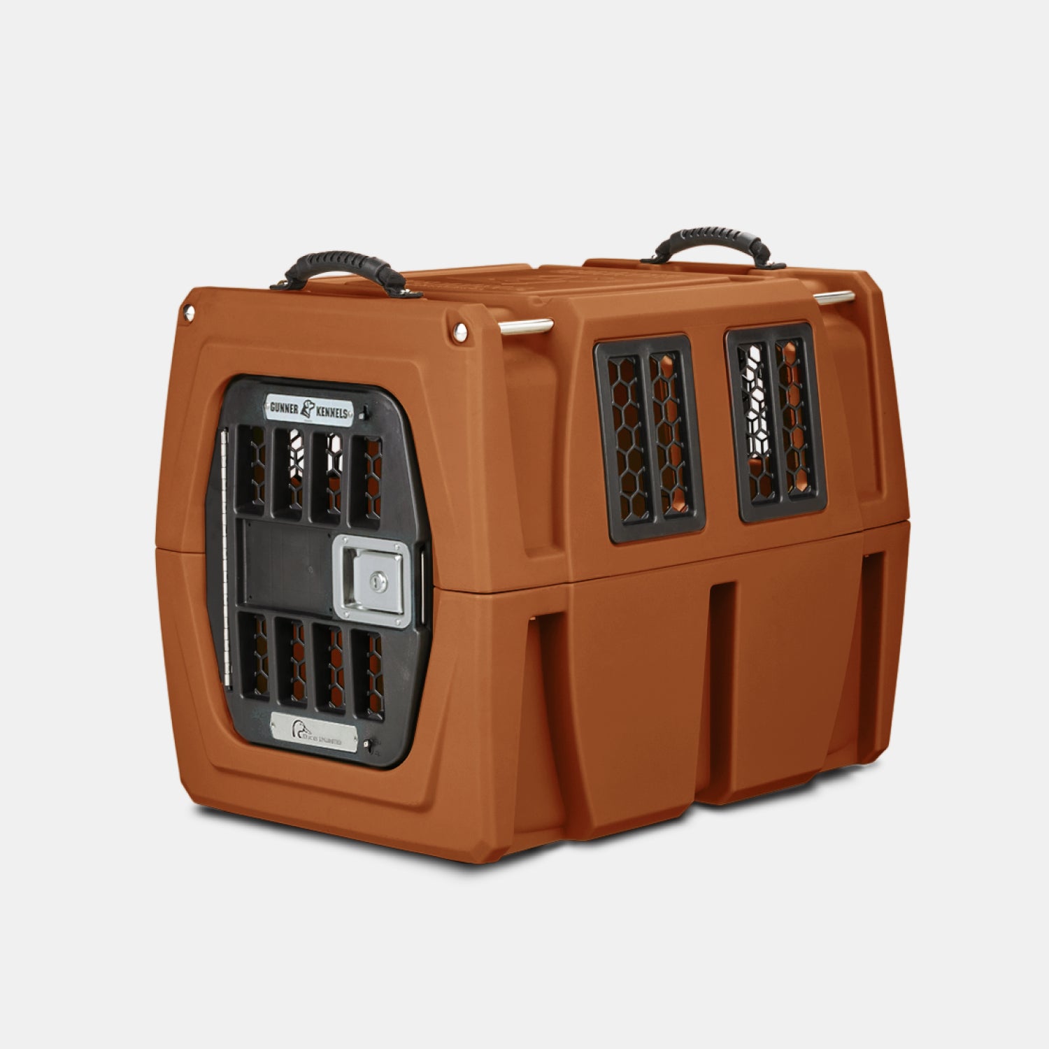 The GUNNER G1™ KENNEL - Ducks Unlimited Orange is a tough, rectangular kennel with ventilation windows, metal latched door, and two black top handles—ideal for safe animal transport to waterfowl habitats or Ducks Unlimited events.