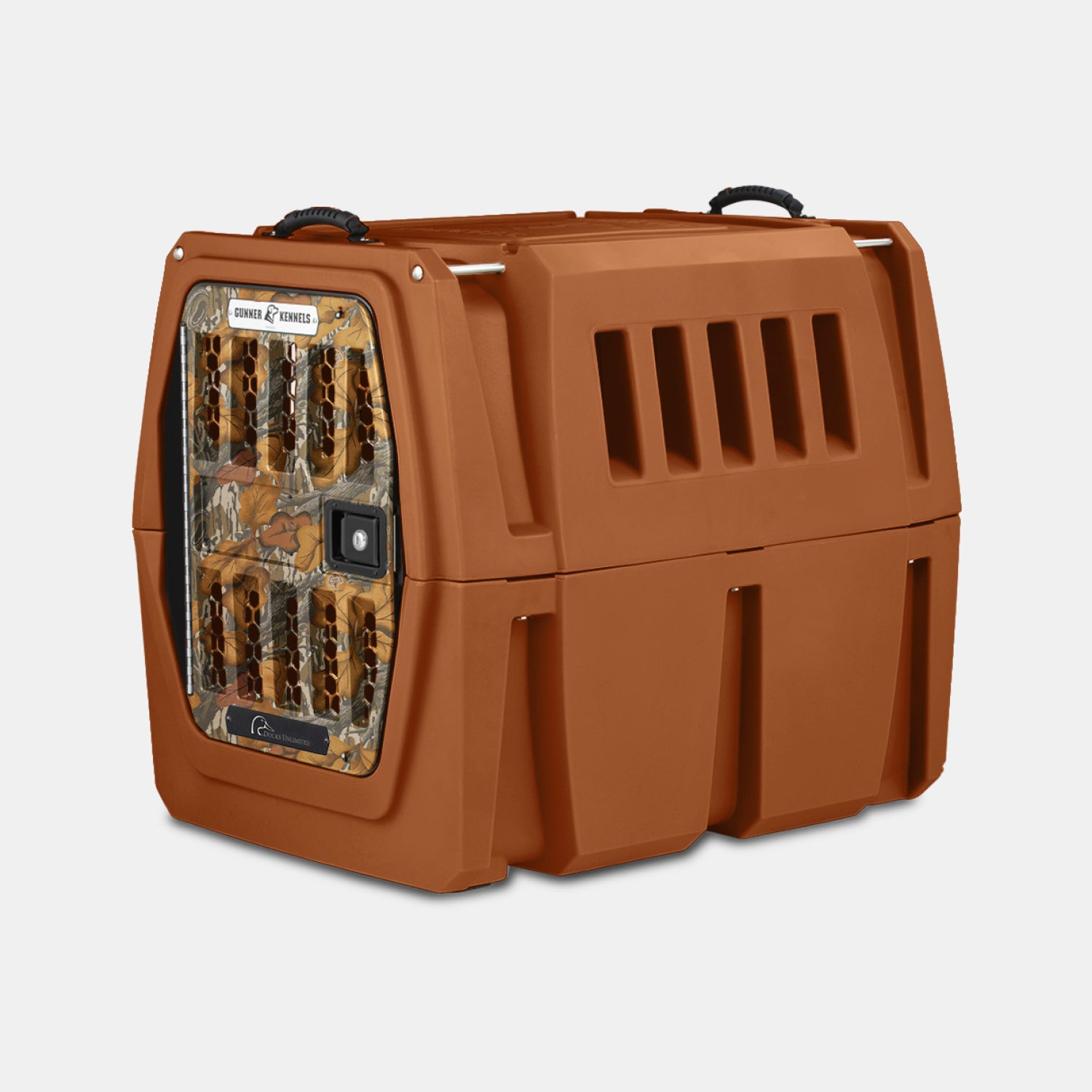 The GUNNER G1™ KENNEL - Habitat Edition is a sturdy brown pet crate featuring ventilation slits, a Ducks Unlimited camo-patterned door, black top handles, and a secure latch—ideal for safe animal transport and dog kennels.