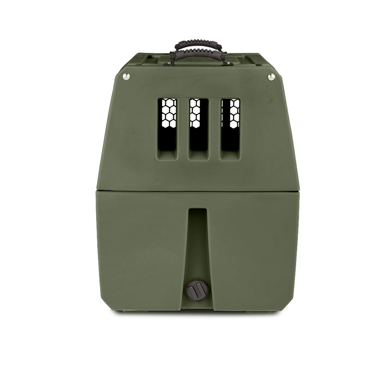 The G1™ KENNEL by GUNNER in Gunner Green features a black handle, double-walled design, vertical ventilation slots, and a twist-lock front—perfect for safely transporting small animals.