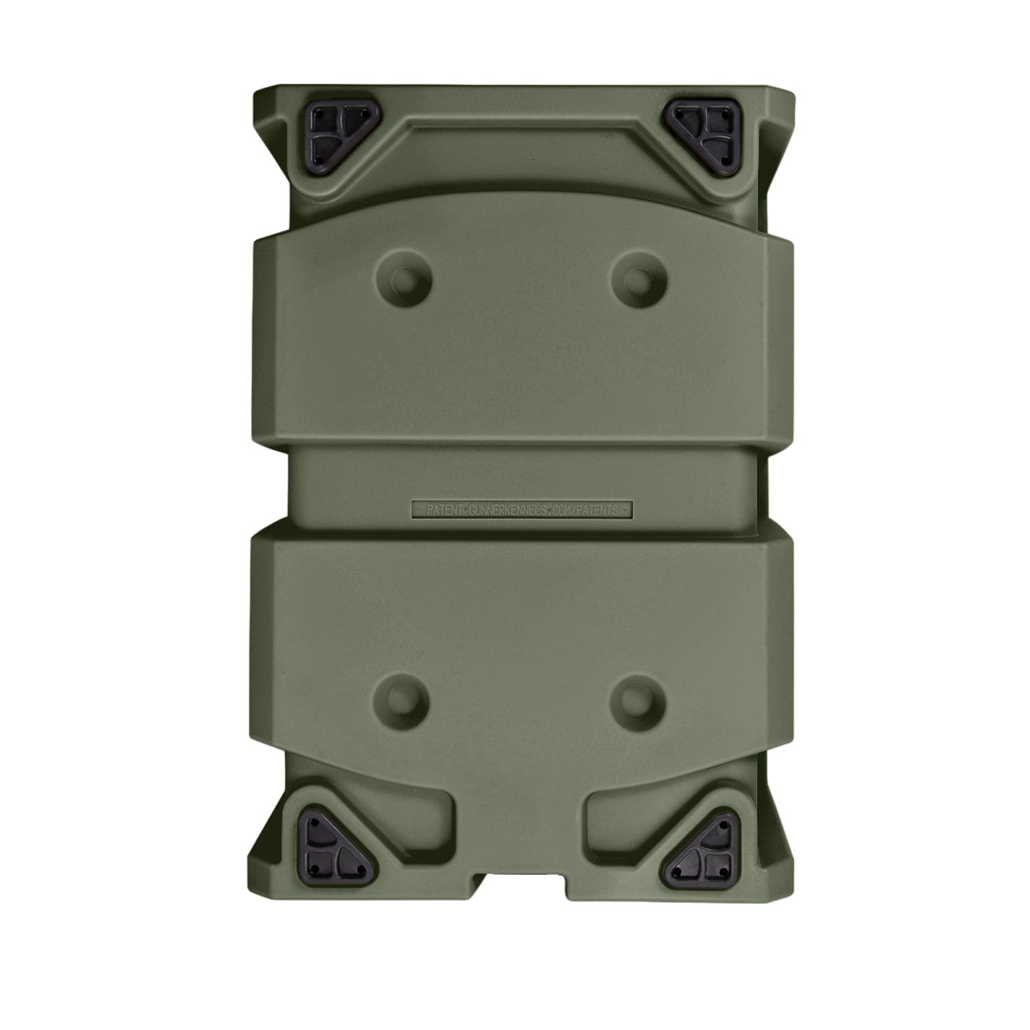 The GUNNER G1™ KENNEL in Gunner Green is a rugged, rectangular double-walled storage case with reinforced corners and four black corner latches, made in America. Seen from above on a white background.