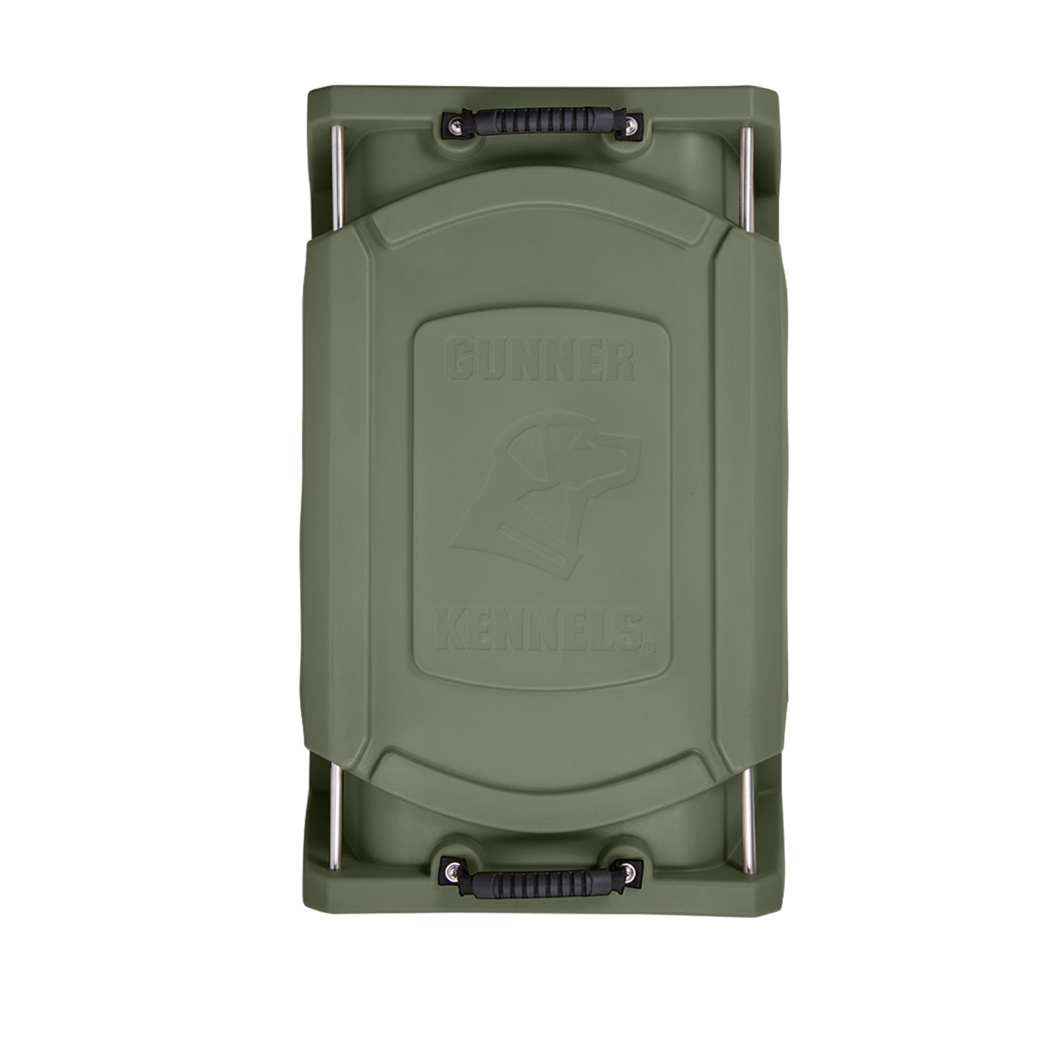 Top view of the G1™ KENNEL - GUNNER GREEN lid by GUNNER, featuring two black handles and an embossed logo—part of America’s safest dog crate.
