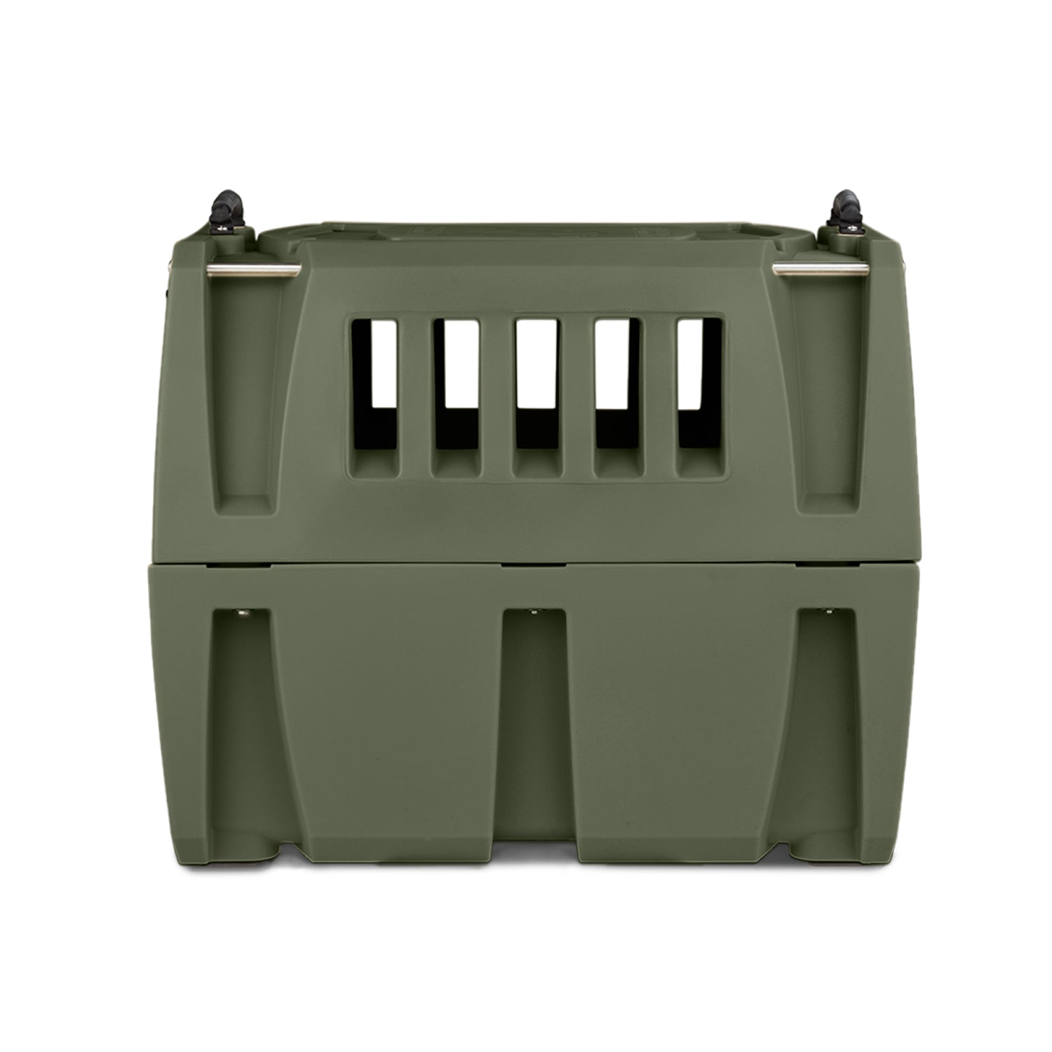 The GUNNER G1™ KENNEL in Gunner Green is a double-walled, American-made plastic crate with vertical front ventilation slats, two black top-corner latches, and a sturdy base, offering one of the safest dog crate options on the market.