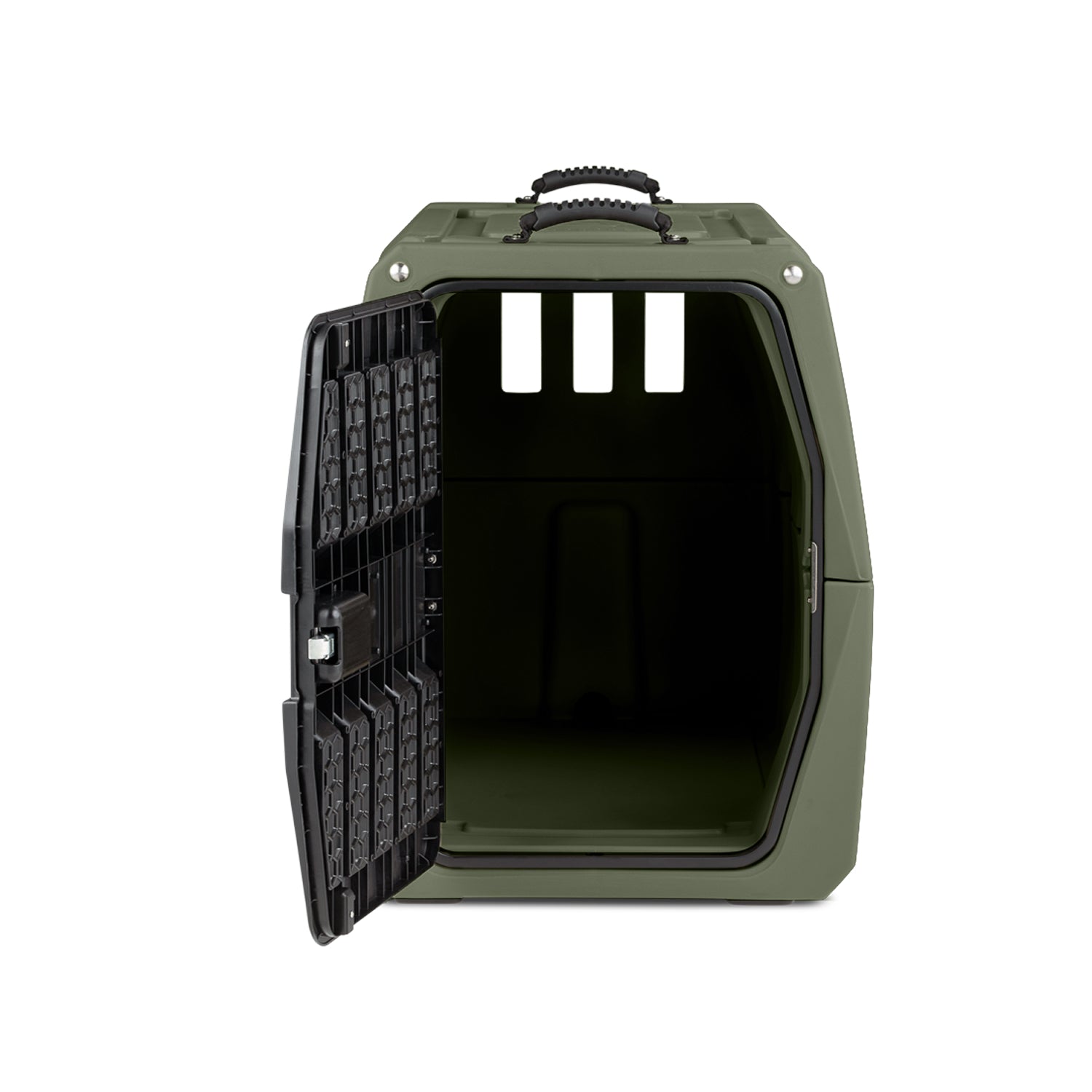 The GUNNER G1™ KENNEL in Gunner Green features a black open metal door, three top rectangular vents, and double-walled construction. Shown empty from the front, it’s designed by GUNNER as one of the safest dog crate options on the market.