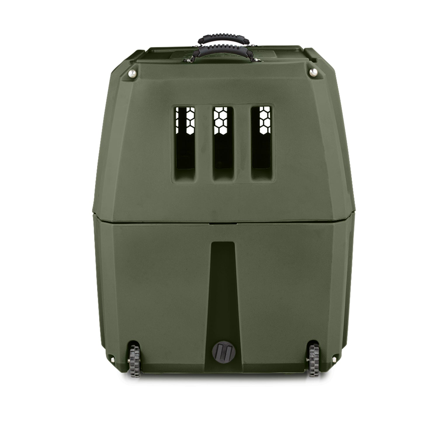 The GUNNER G1™ KENNEL in Gunner Green is a durable double-walled pet carrier with ventilation slits, a top handle, and wheels for easy transport, providing comfort and security for your pet.