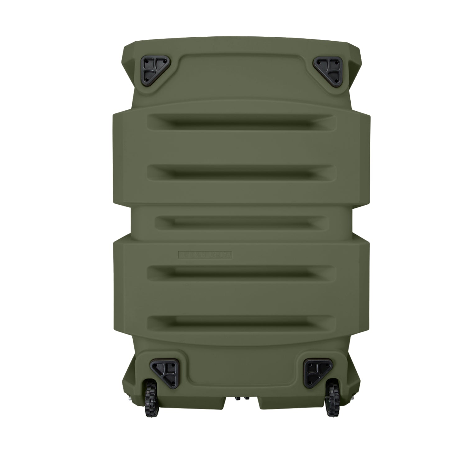 The GUNNER G1™ KENNEL in Gunner Green is a large, rugged hard case with a ribbed exterior, black latches, and two small wheels—American-made and double-walled for heavy-duty storage or transport.