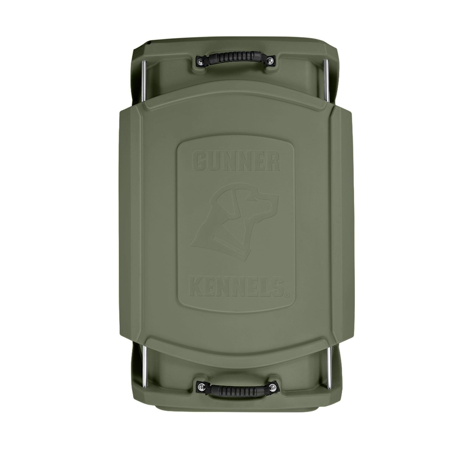 The GUNNER G1™ KENNEL in Gunner Green is a made-in-America plastic container with black side handles, an embossed lid featuring the brand name and a dog head outline, shown here from a top-down view.