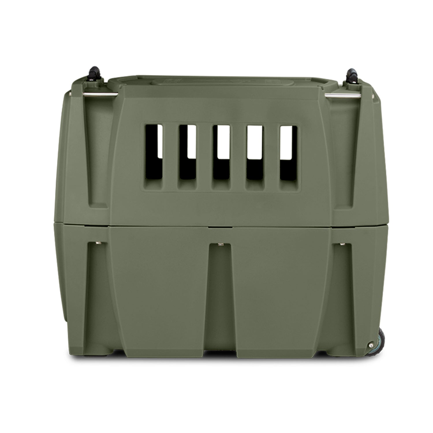 The GUNNER G1™ KENNEL in Gunner Green is a durable American-made plastic pet crate with front ventilation slots, secure side latches, and two small bottom-right wheels for easy transport.