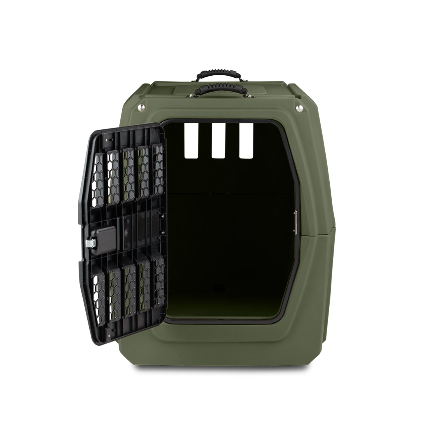 The GUNNER G1™ KENNEL in Gunner Green is a hard plastic pet crate made in America, featuring a black metal open door, ventilation openings on the front, and a handle on top. The interior is empty and visible.