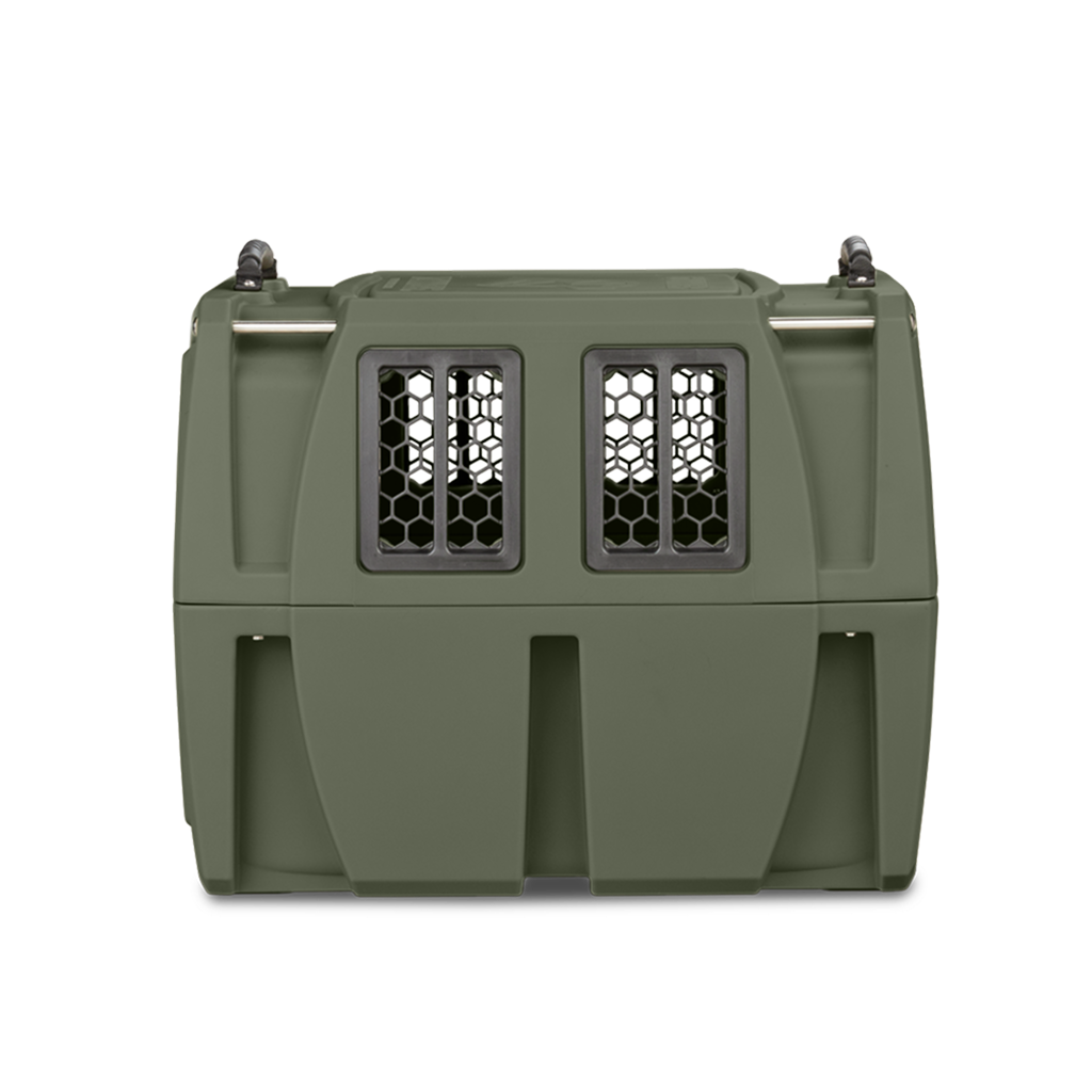 The GUNNER G1™ KENNEL in Gunner Green is a double-walled, American-made hard-shell pet crate with two front ventilation windows and black grid covers for safe, secure, and comfortable dog transportation.