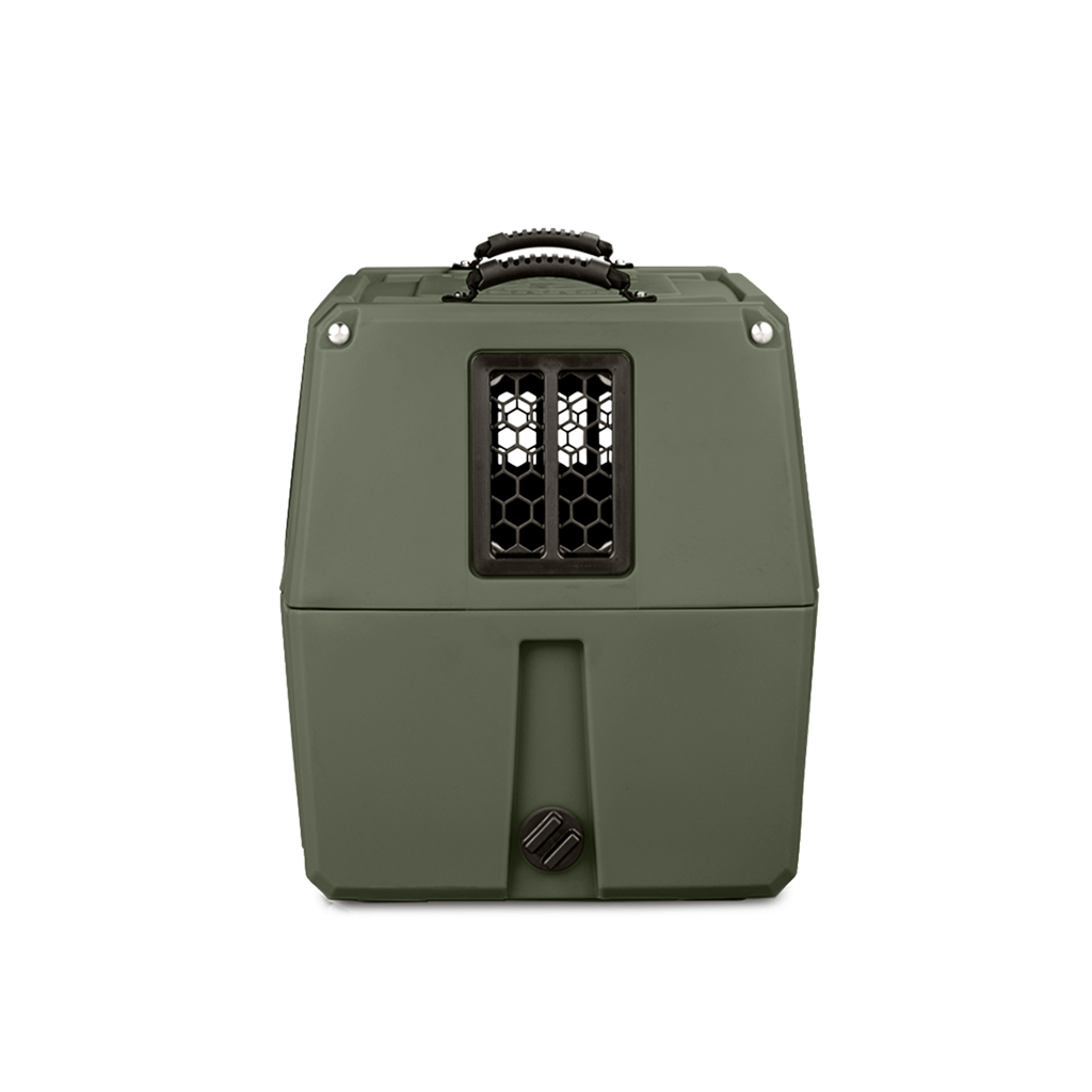 The GUNNER G1™ KENNEL in Gunner Green features double-wall construction, a black mesh window, top handle, and secure front latch—one of America’s safest dog crates. Shown on a plain white background.