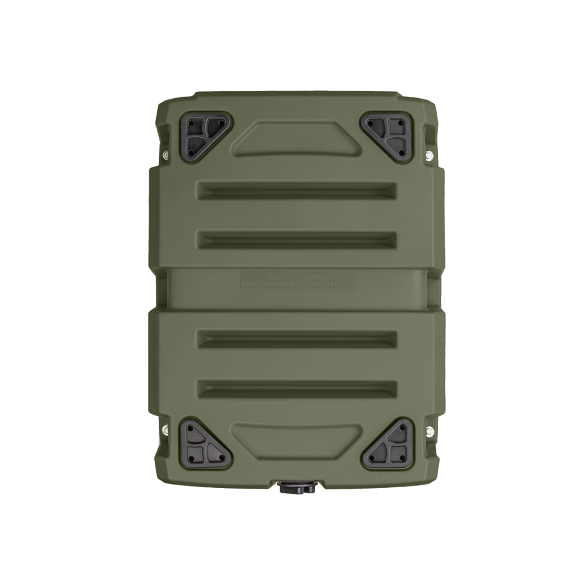The GUNNER G1™ KENNEL in Gunner Green features reinforced corners, double-walled construction, horizontal ridges, and four black corner fasteners, shown from above on a white background.