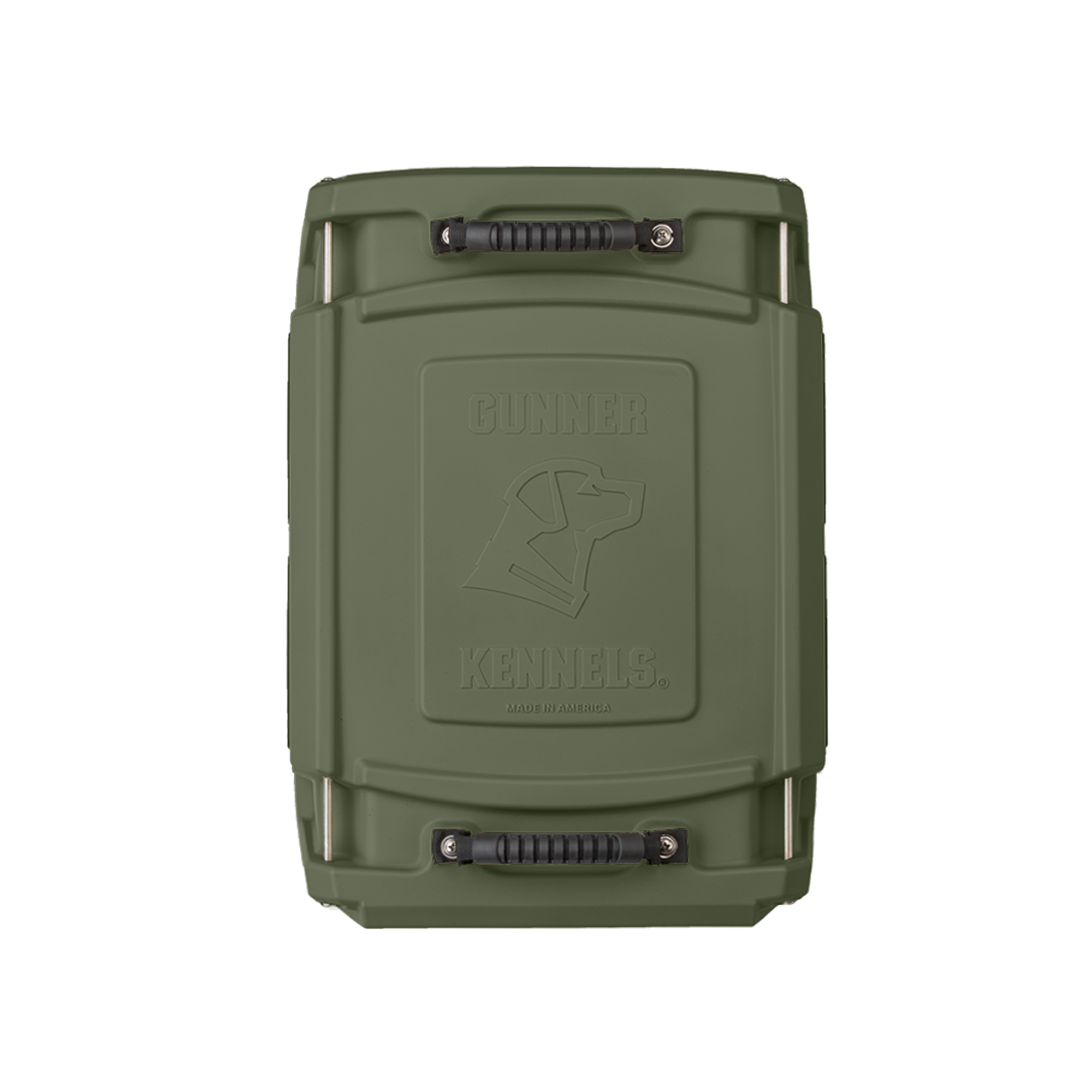 The GUNNER G1™ KENNEL in Gunner Green is a double-walled crate with two black handles and an embossed dog head logo with “Gunner Kennels” on top—engineered for safety and proudly made in the USA.