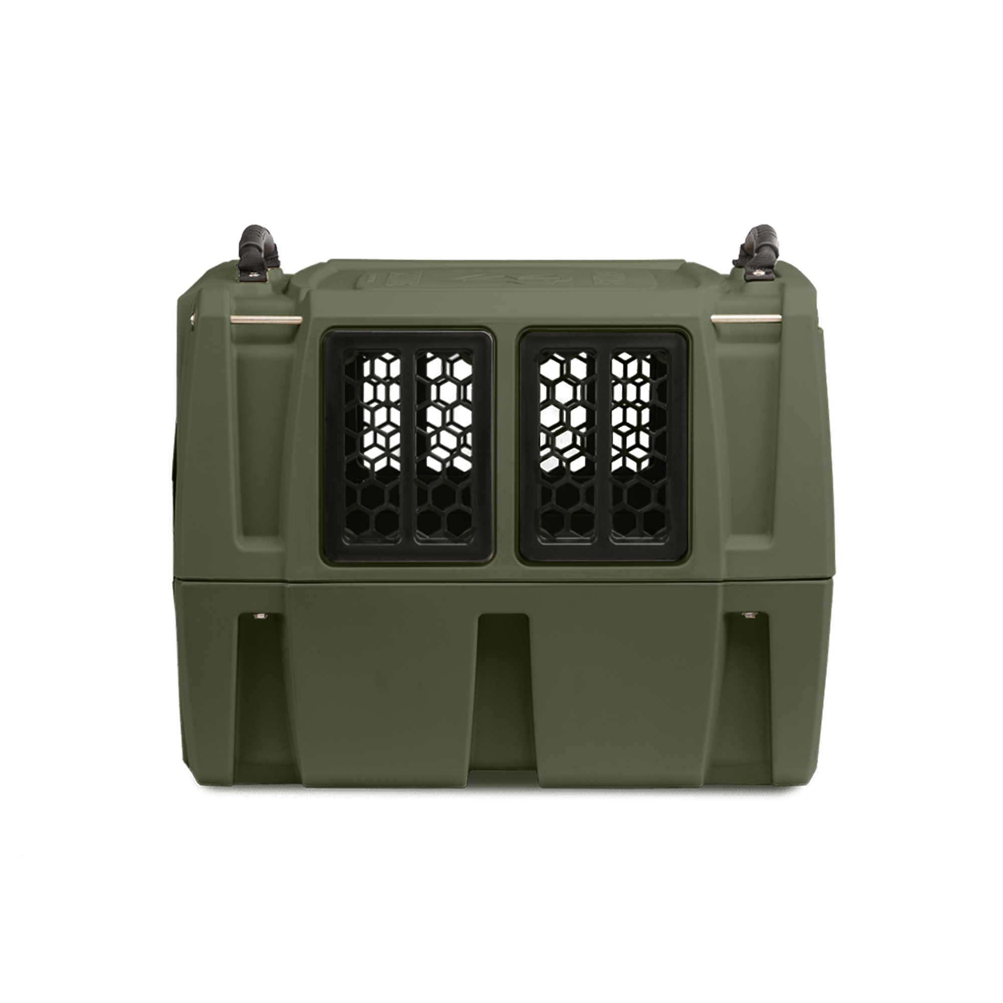 The GUNNER G1™ KENNEL in Gunner Green is a durable, double-walled pet carrier with two black ventilated front windows, built by GUNNER for safe animal transport.