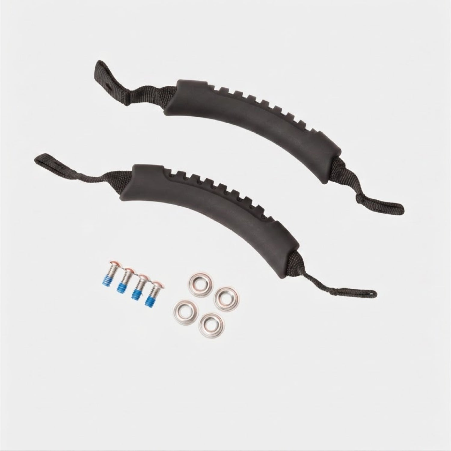 Two GUNNER KENNEL HANDLES - BLACK with straps, four screws featuring blue threadlock, and four metal washers—all made from premium GUNNER-Grade materials—are arranged on a plain white background. Ideal for securing your G1 Kennel or Food Crate 30.