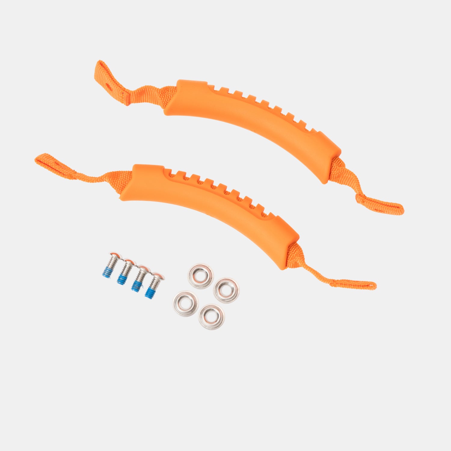 KENNEL HANDLES - BLAZE ORANGE by GUNNER: includes two blaze orange plastic handles featuring ridged rubber grips and straps, four screws, and four metal bearings arranged on a white background—expertly crafted from GUNNER-grade materials for outstanding durability.