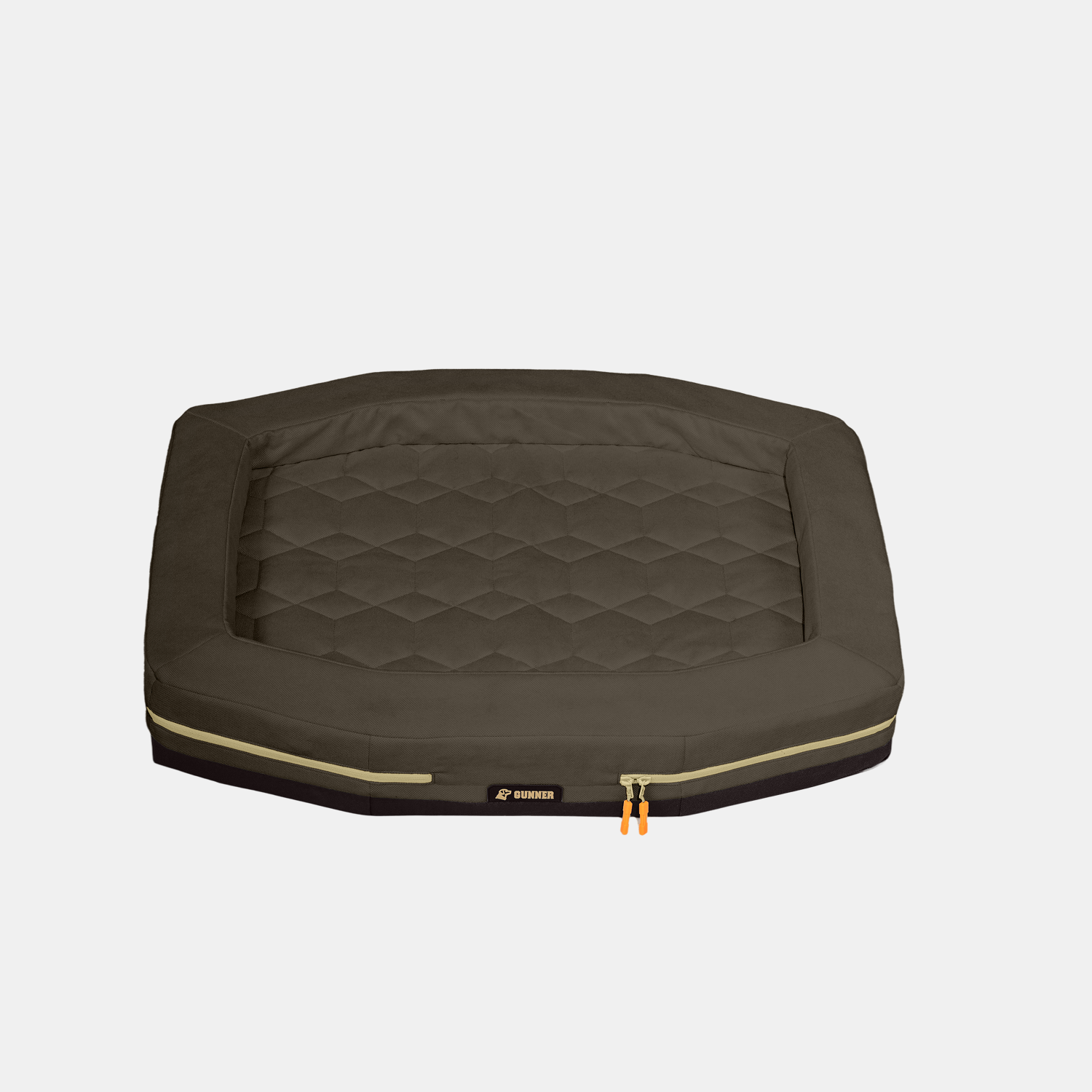 The GUNNER HOMESTEAD DOG BED Pheasant Brown, a large rectangular pet bed with a quilted surface, raised edges, and two orange zipper pulls from the Pheasants Forever collaboration, is shown on a plain white background.