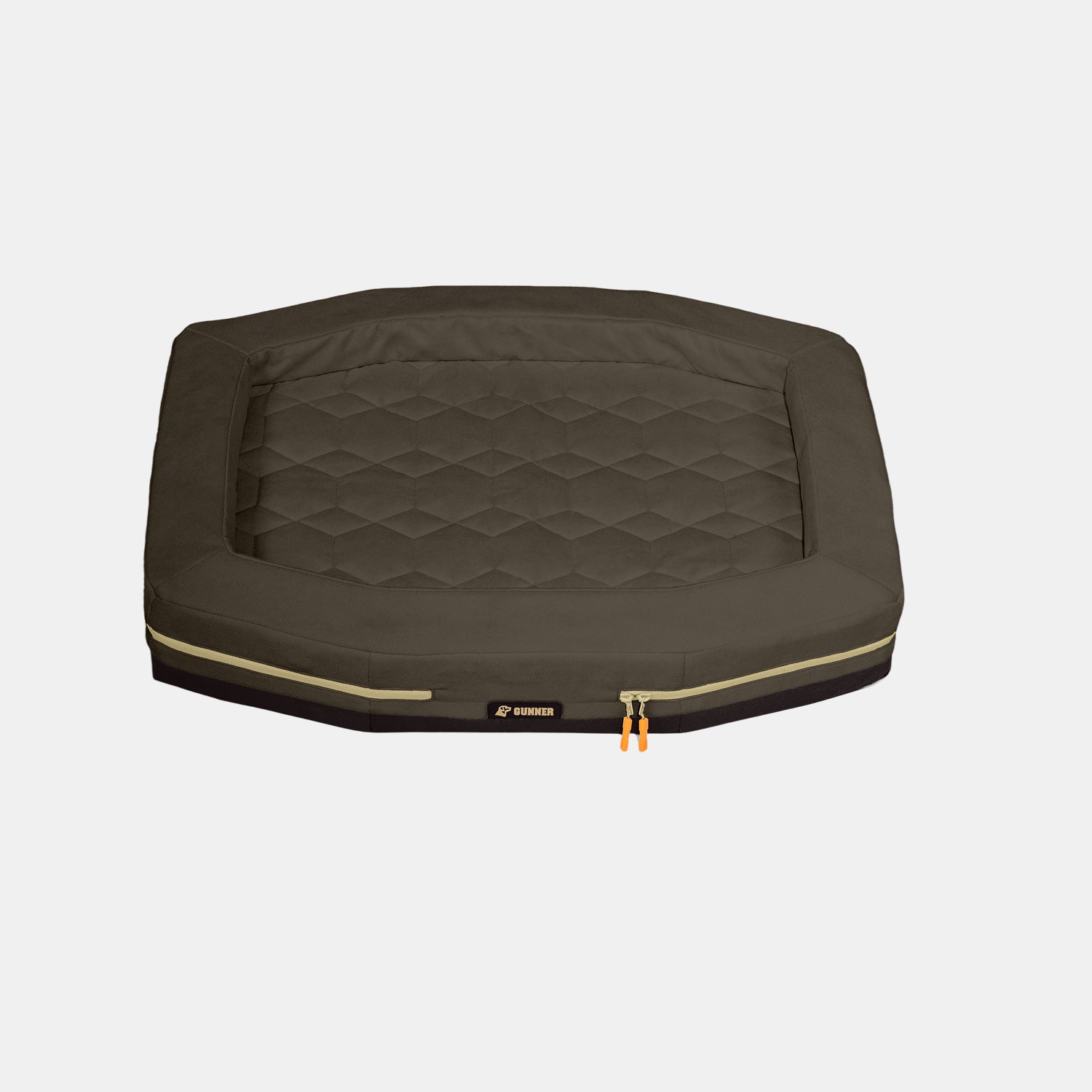 The GUNNER HOMESTEAD DOG BED in Pheasant Brown features a rectangular, quilted design with raised edges and two orange-zippered pulls, made in collaboration with Pheasants Forever for hunting gear enthusiasts. Shown on a plain white background.