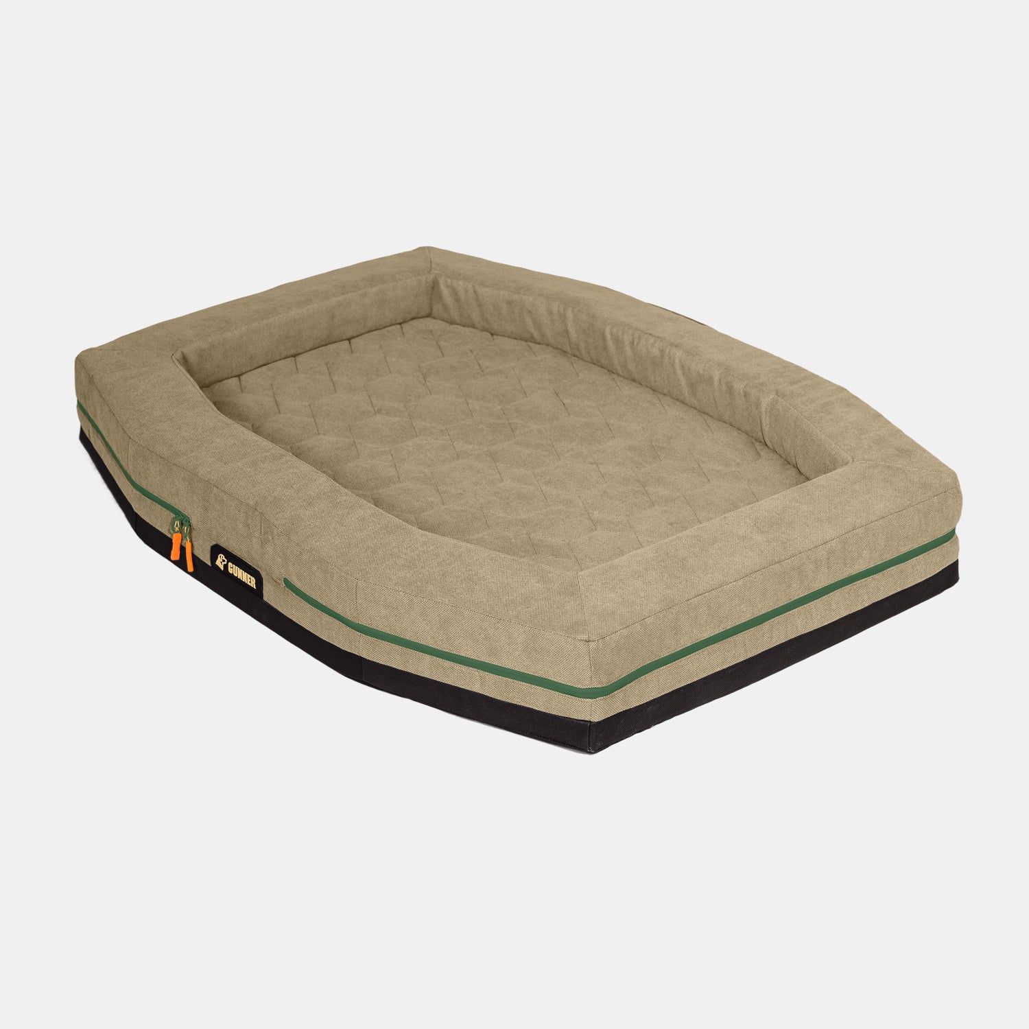 The GUNNER HOMESTEAD DOG BED Quail Tan, a rectangular khaki pet bed with raised edges, quilted surface, green stripe, and black base, is displayed on a white background. Inspired by Pheasants Forever style.