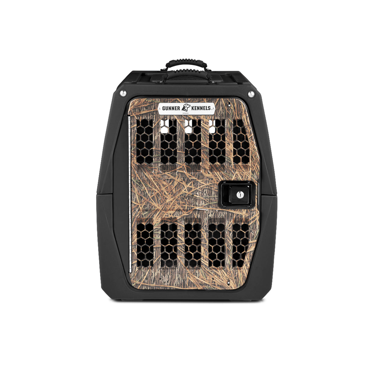 A camouflage-patterned dog kennel with a black handle and door, featuring ventilation holes and a Gunner Kennels label on top—ideal outdoor gear for your hunting dog, displayed against a white background.