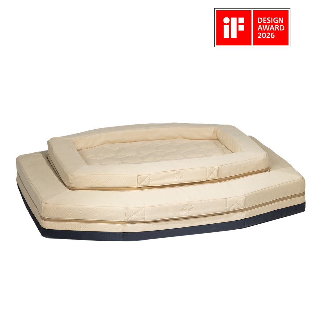 Two beige rectangular cushions, perfect for a dog crate, are stacked with quilted surfaces and raised edges on a white background. An iF Design Award 2026 badge appears in the top right corner.