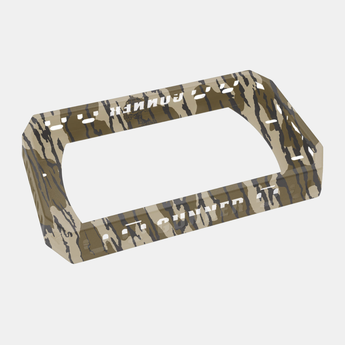 A rectangular license plate frame in a Mossy Oak Bottomland camouflage pattern, featuring “GUNNER” cut out on the top and bottom edges, designed to perfectly coordinate with your GUNNER Kennel Rack or other durable kennel storage setups, displayed against a plain white background.
