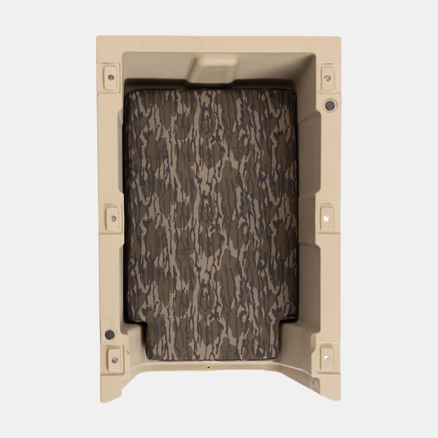 The GUNNER LONG HAUL BED is a rectangular tan kennel bed featuring a camouflage-patterned panel, viewed from above on a plain white background.
