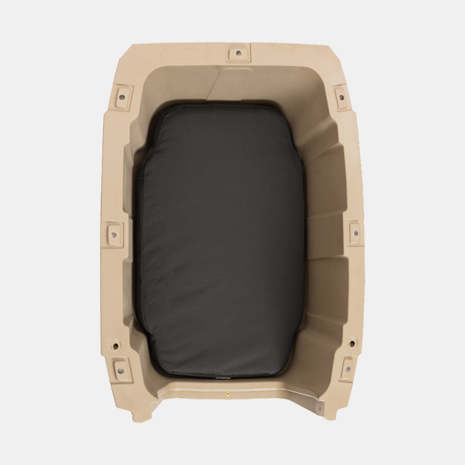 Top view of the LONG HAUL BED by GUNNER—a beige, rectangular, hard plastic dog bed with rounded corners and a black cushioned pad inside—designed for comfort and support, set against a plain white background.