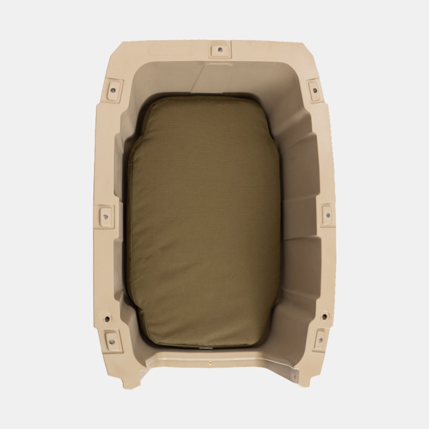The GUNNER LONG HAUL BED, a beige rectangular plastic dog bed with a greenish-brown cushion, is shown from above on a white background.