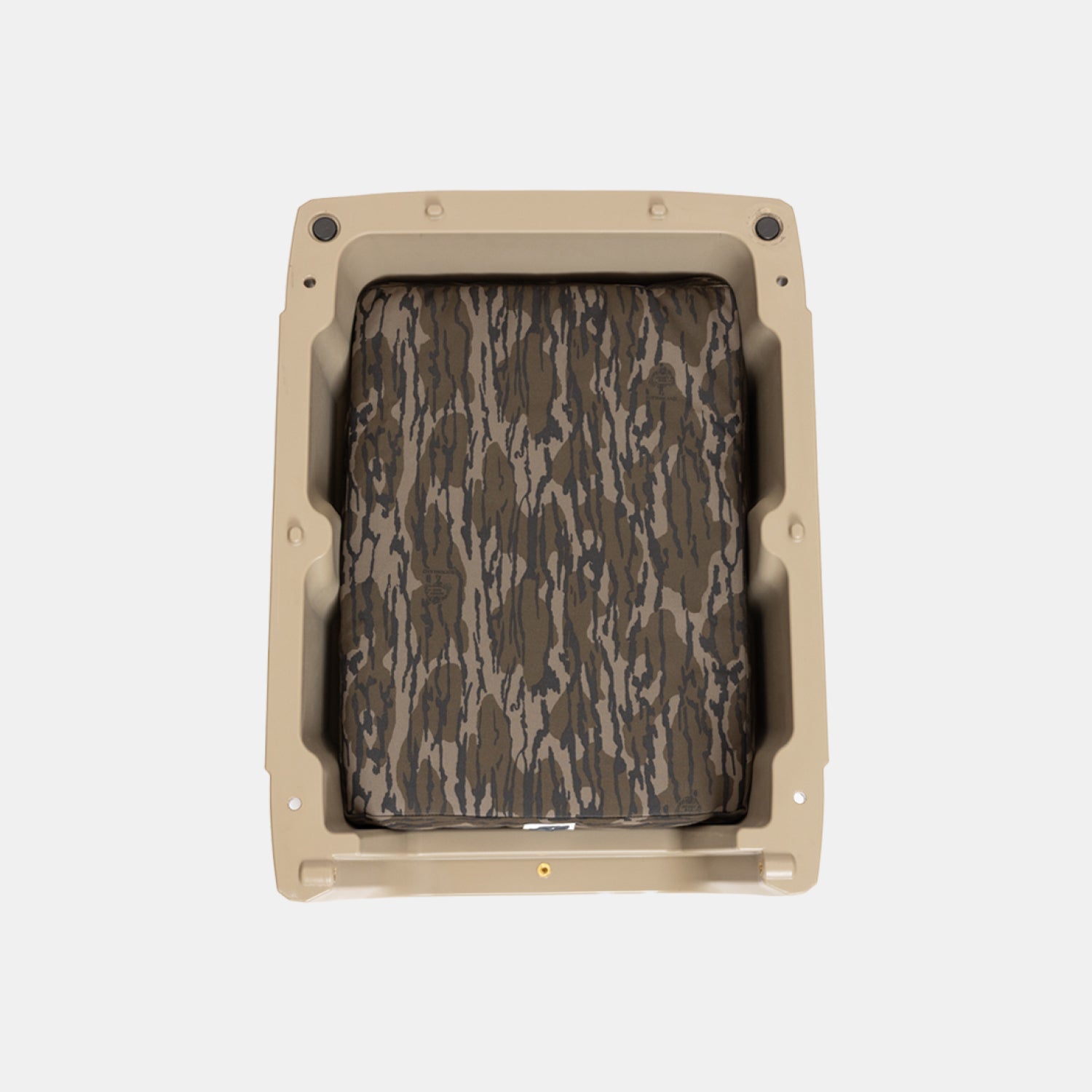 The GUNNER LONG HAUL BED features a tan rectangular plastic seat frame and a brown/black camouflage cushion, shown from above on white—ideal as a durable dog bed or kennel bed for your pet.