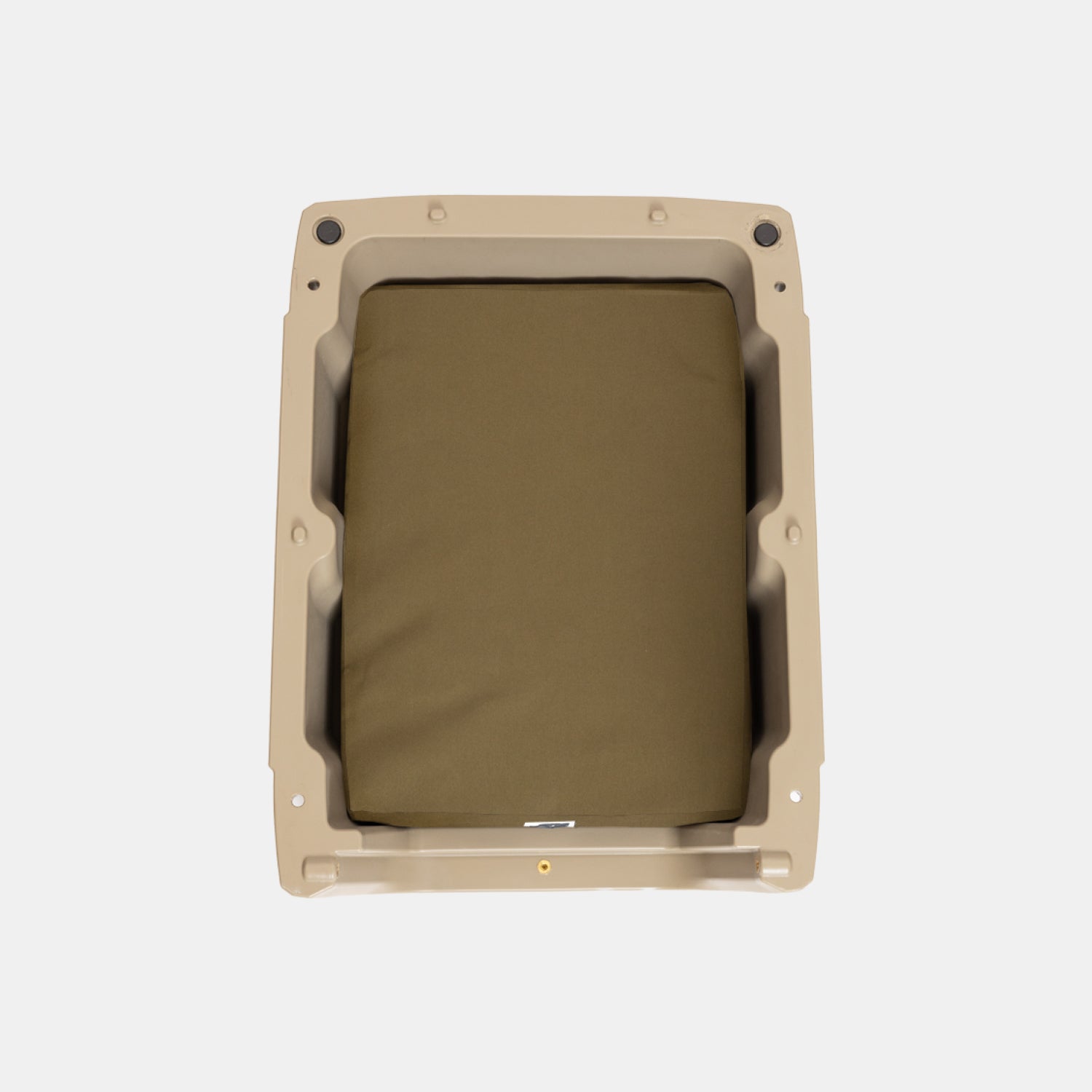 The GUNNER LONG HAUL BED is a durable dog bed with a tan rectangular plastic frame and a greenish-brown cushioned insert, shown from above on a plain white background.