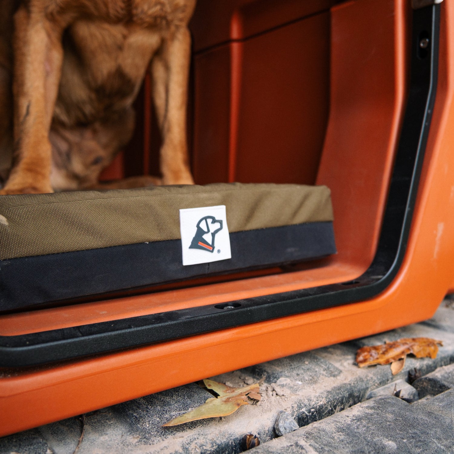 A brown dog stands on the GUNNER LONG HAUL BED, an olive and black waterproof kennel bed with a white heart and paw logo, inside an orange vehicle. The bed keeps fur dry while fallen leaves and dirt are visible outside.
