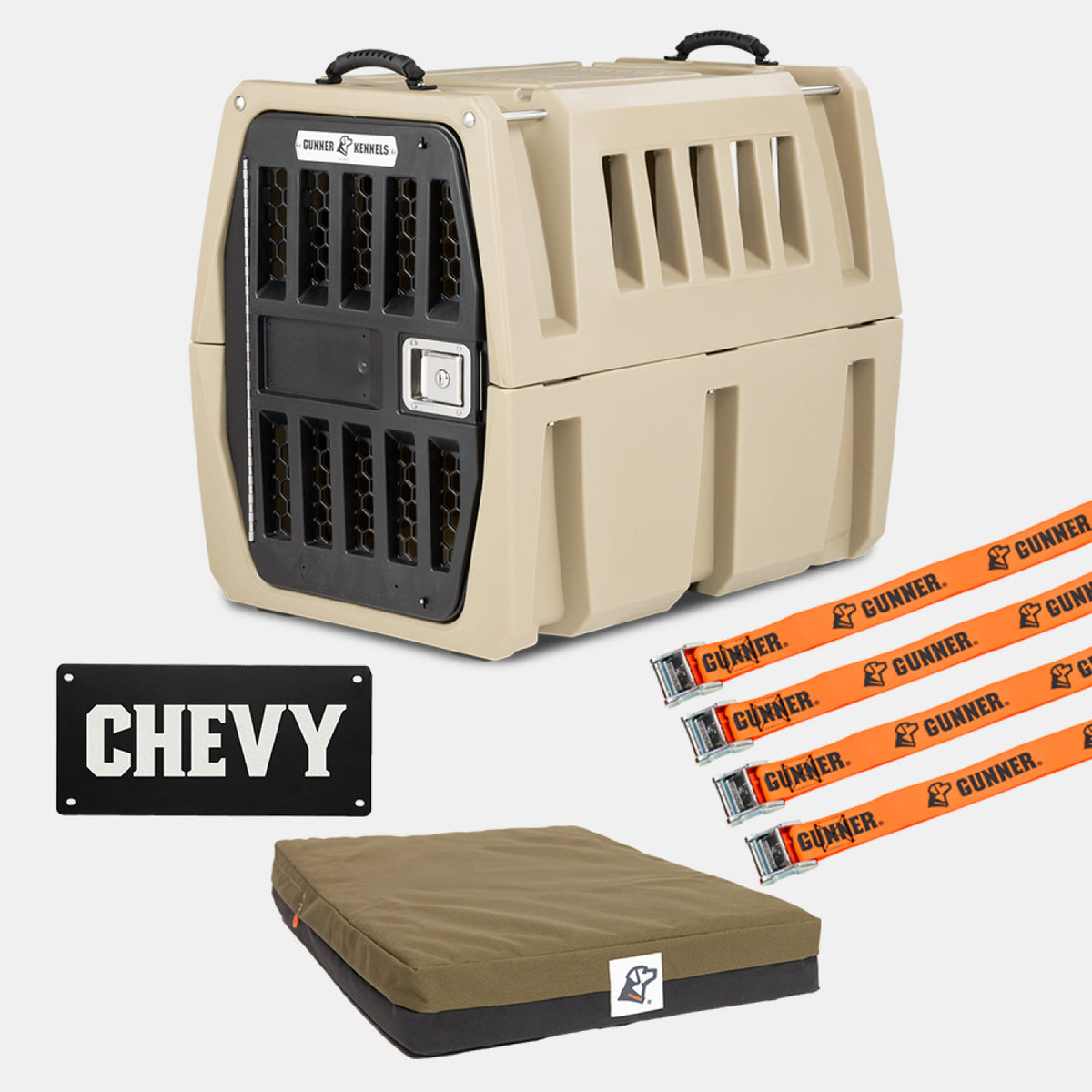 Long Haul Bundle featuring a tan GUNNER kennel with an orthopedic bed, four orange crash-tested strap kits, and a rectangular black plate displaying the word CHEVY in white text.